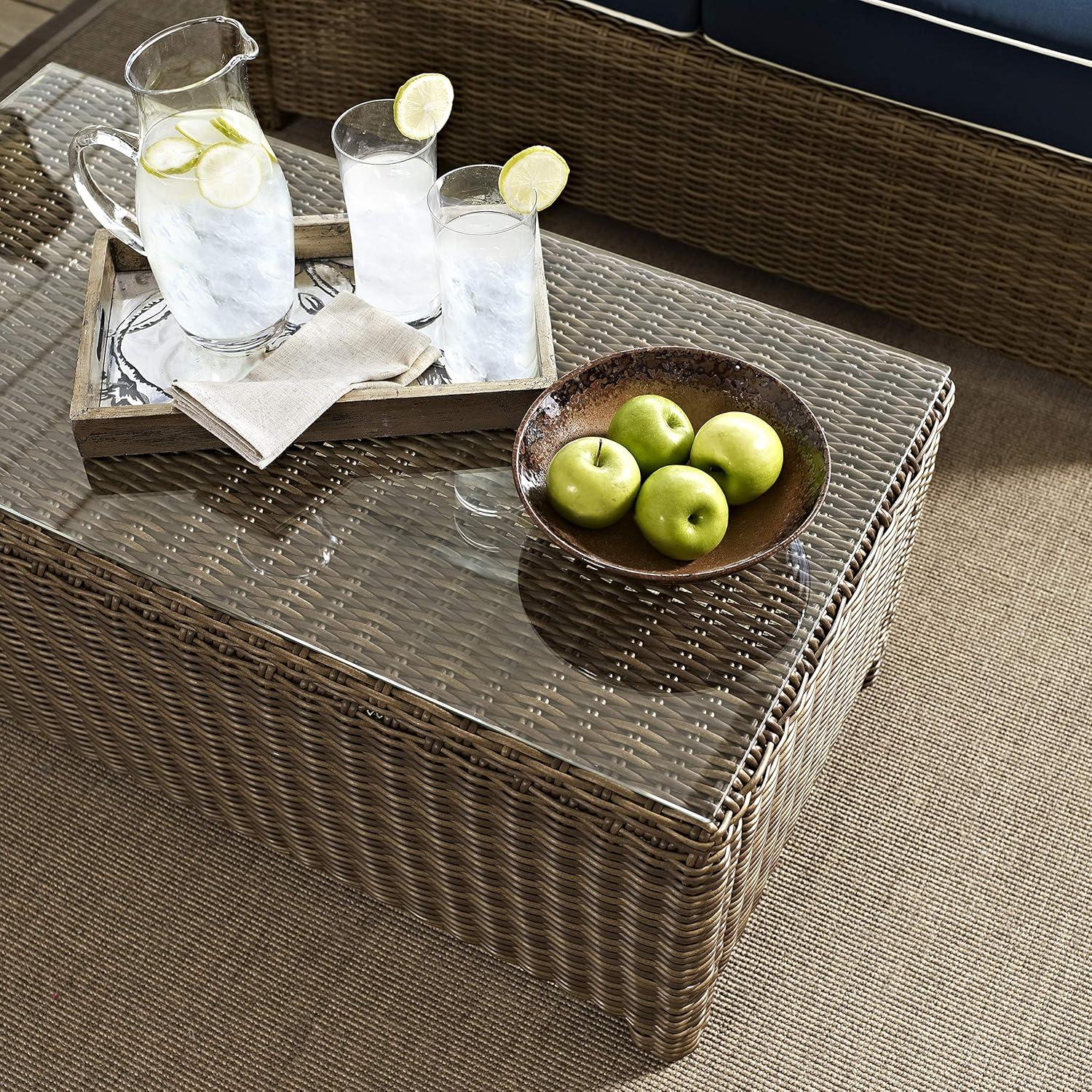 Bradenton Outdoor Wicker Coffee Table: Weathered Brown, Tempered Glass Top, UV-Resistant - Crosley