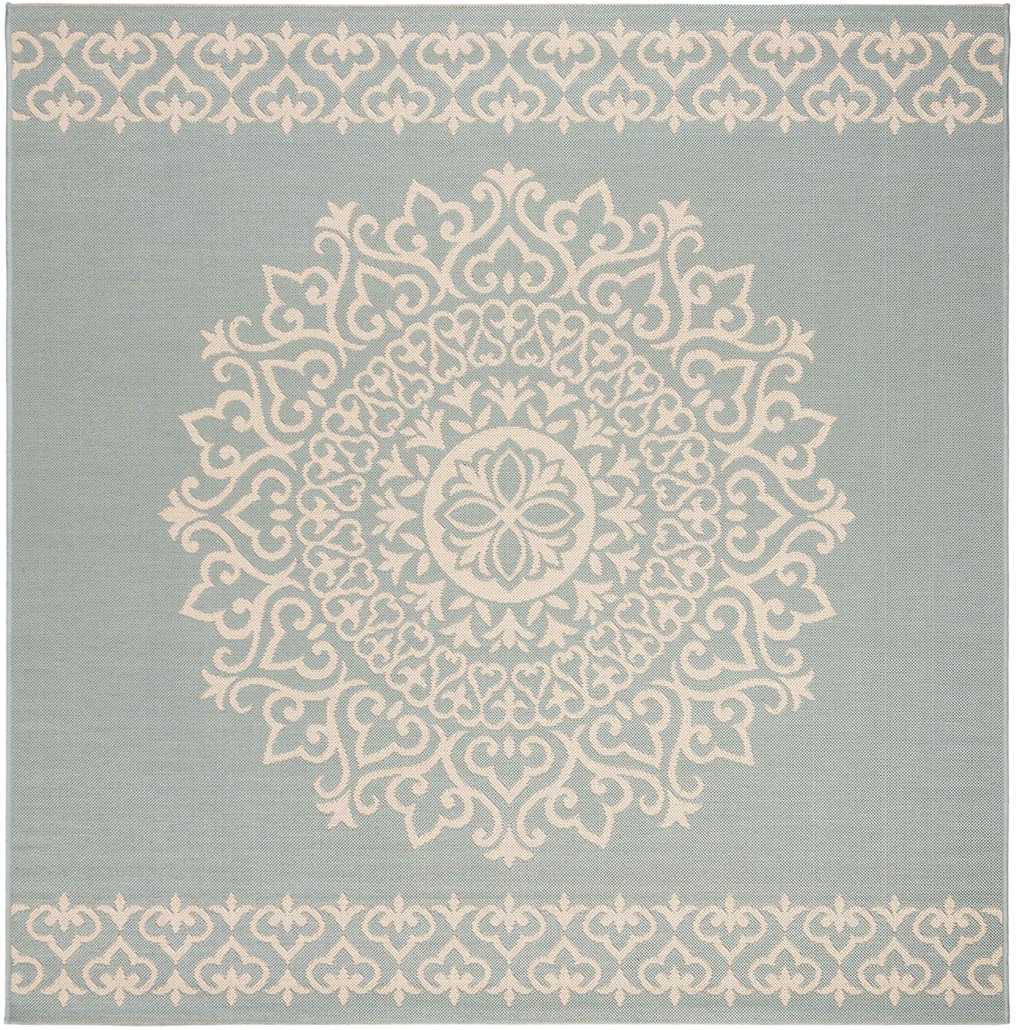 Beach House BHS183 POWER LOOMED Indoor/Outdoor Area Rug - Cream/Aqua - 4'x4' - Safavieh