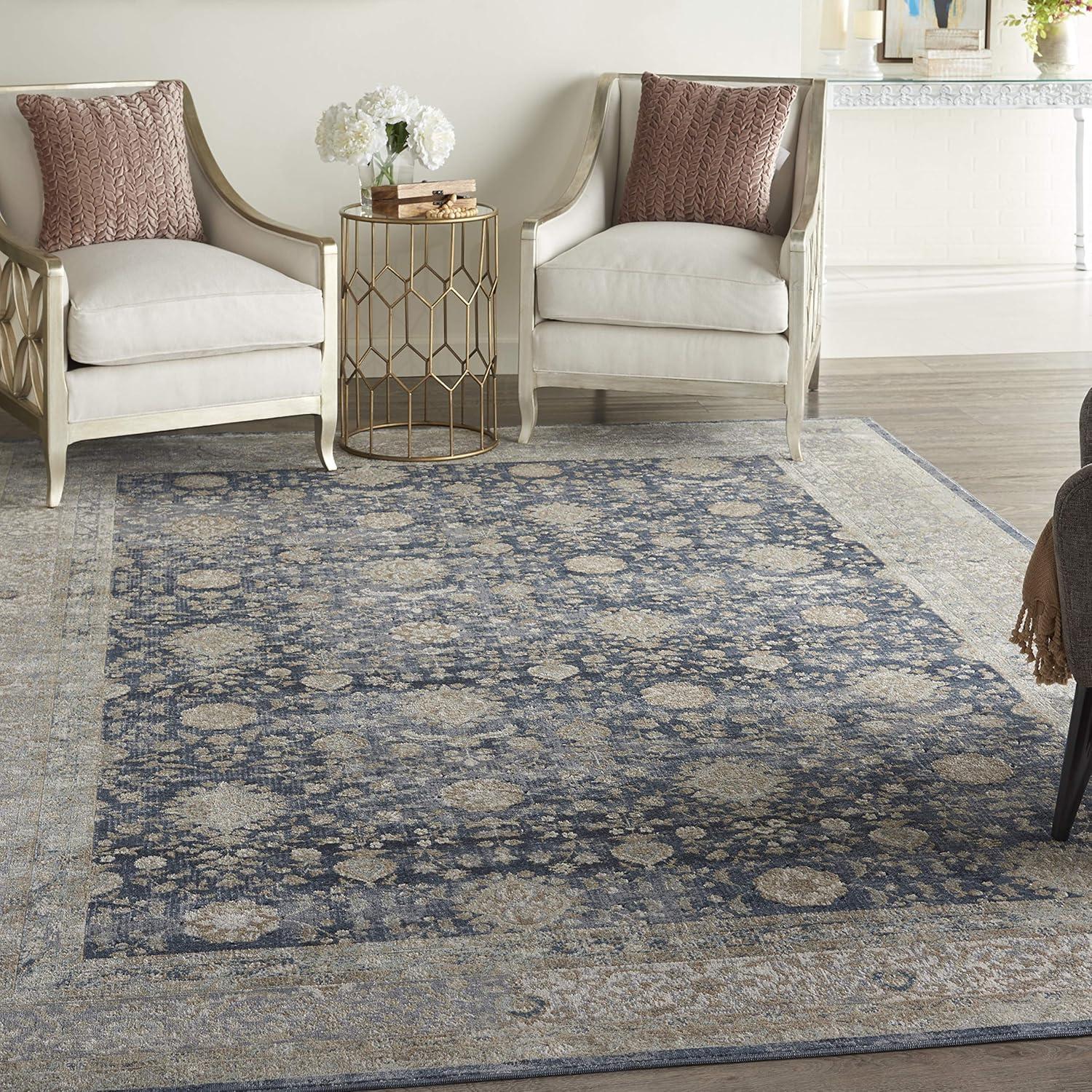 Navy and Gold Floral Rectangular Synthetic Rug, 7'10" x 10'10"