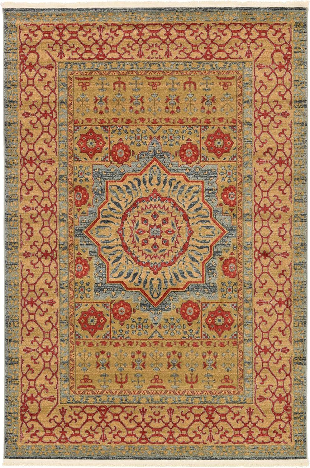 Light Blue and Red Synthetic 6' x 9' Traditional Area Rug