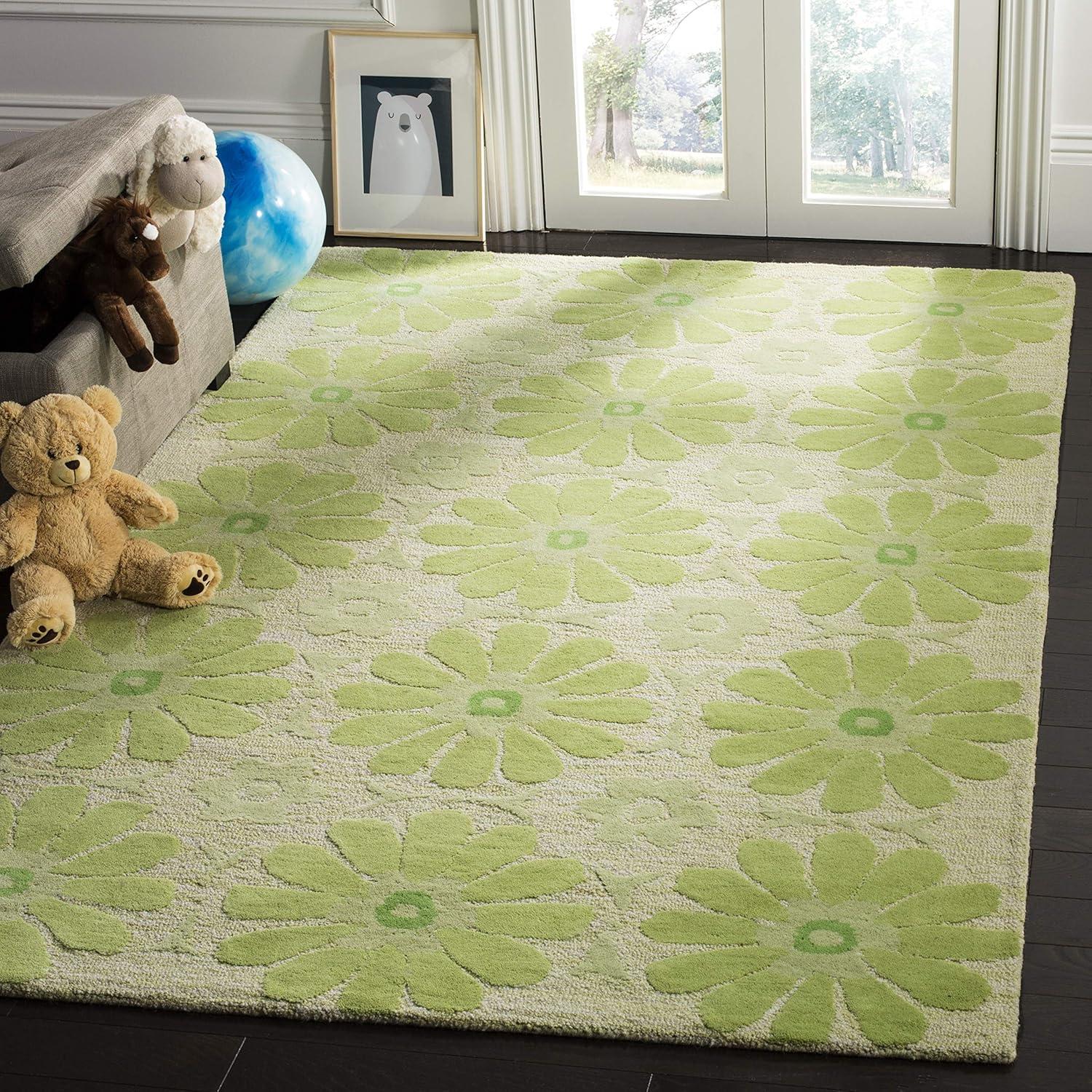 Ivory and Green Floral Handmade Wool Kids Rug