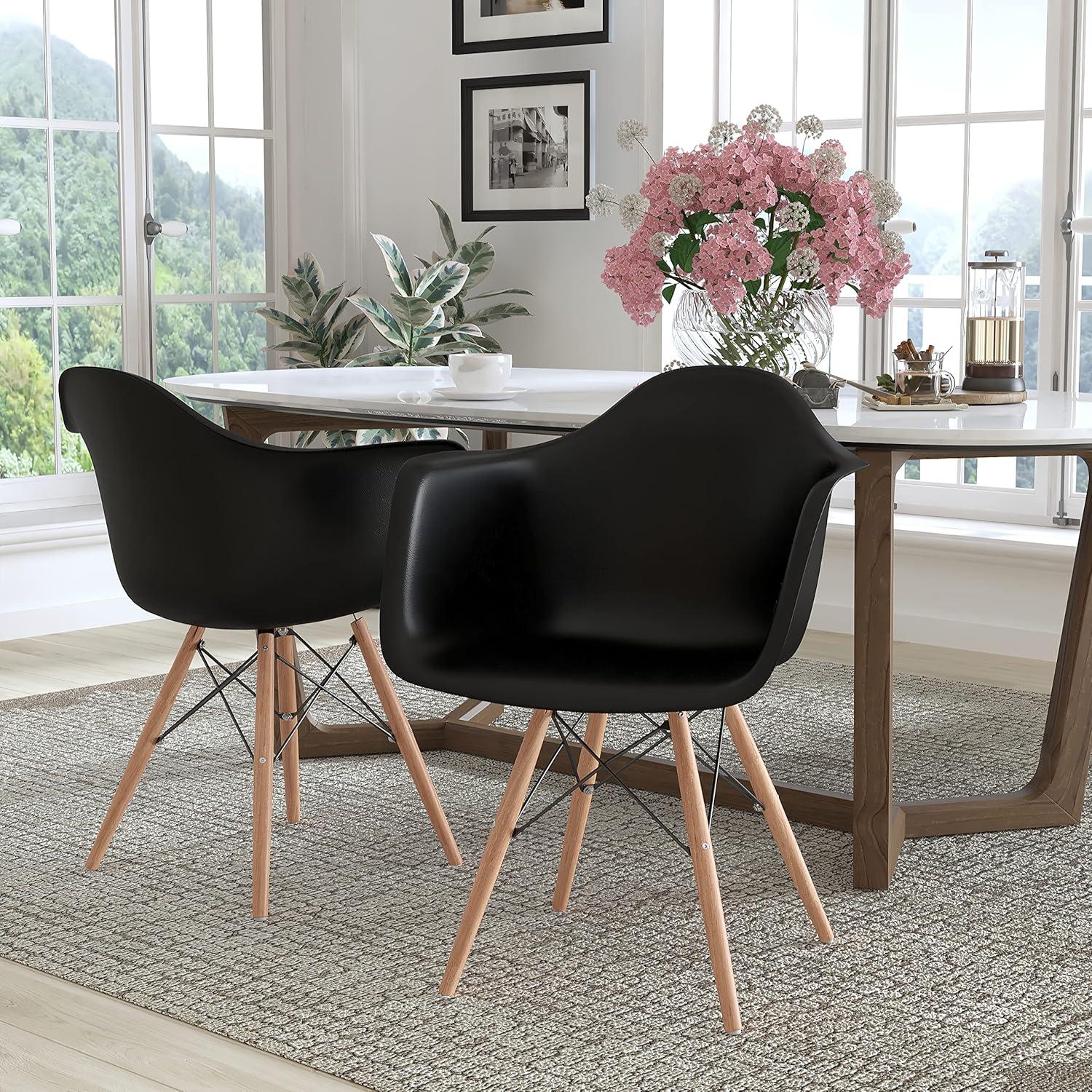 Alonza Contemporary Black Plastic Dining Chair with Wooden Legs