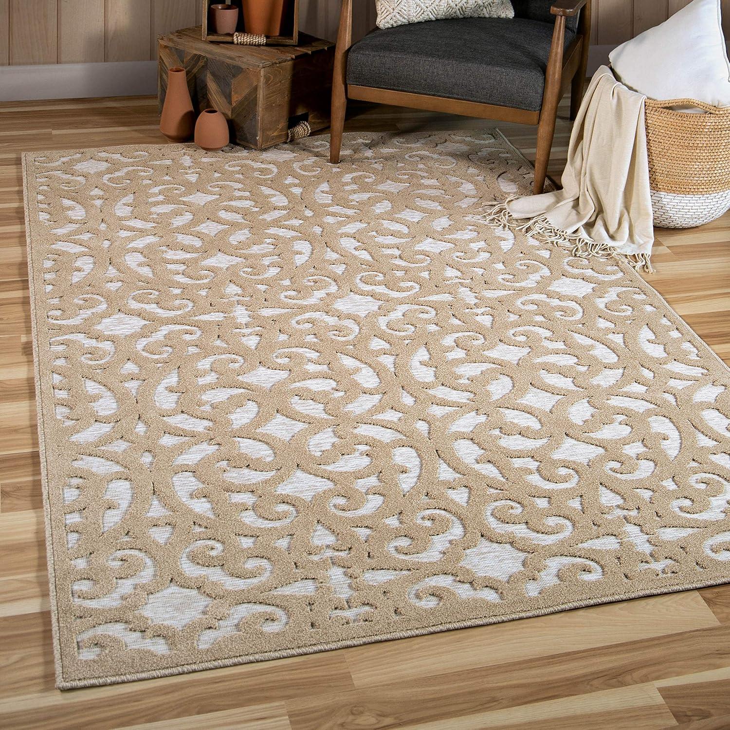 Orian Boucle Seaborn 5'2" X 7'6" Driftwood Damask High Low Outdoor Rug