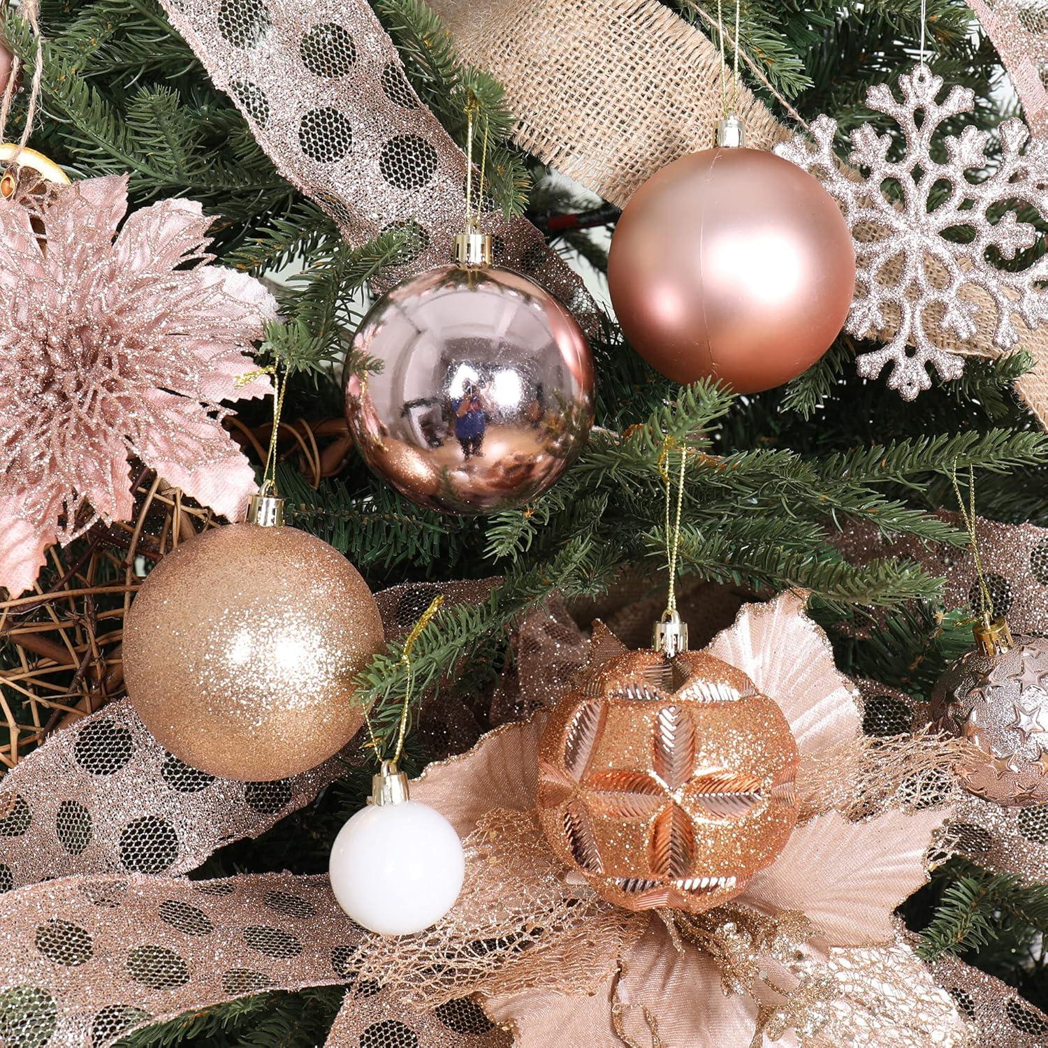 87-Pack Rose Gold and White Shatterproof Plastic Christmas Ornaments Set