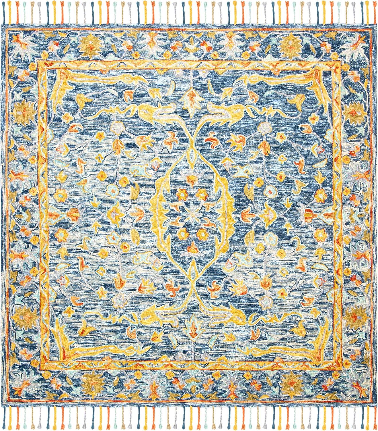 Handmade Tufted Wool Square Area Rug in Blue and Rust, 7' x 7'