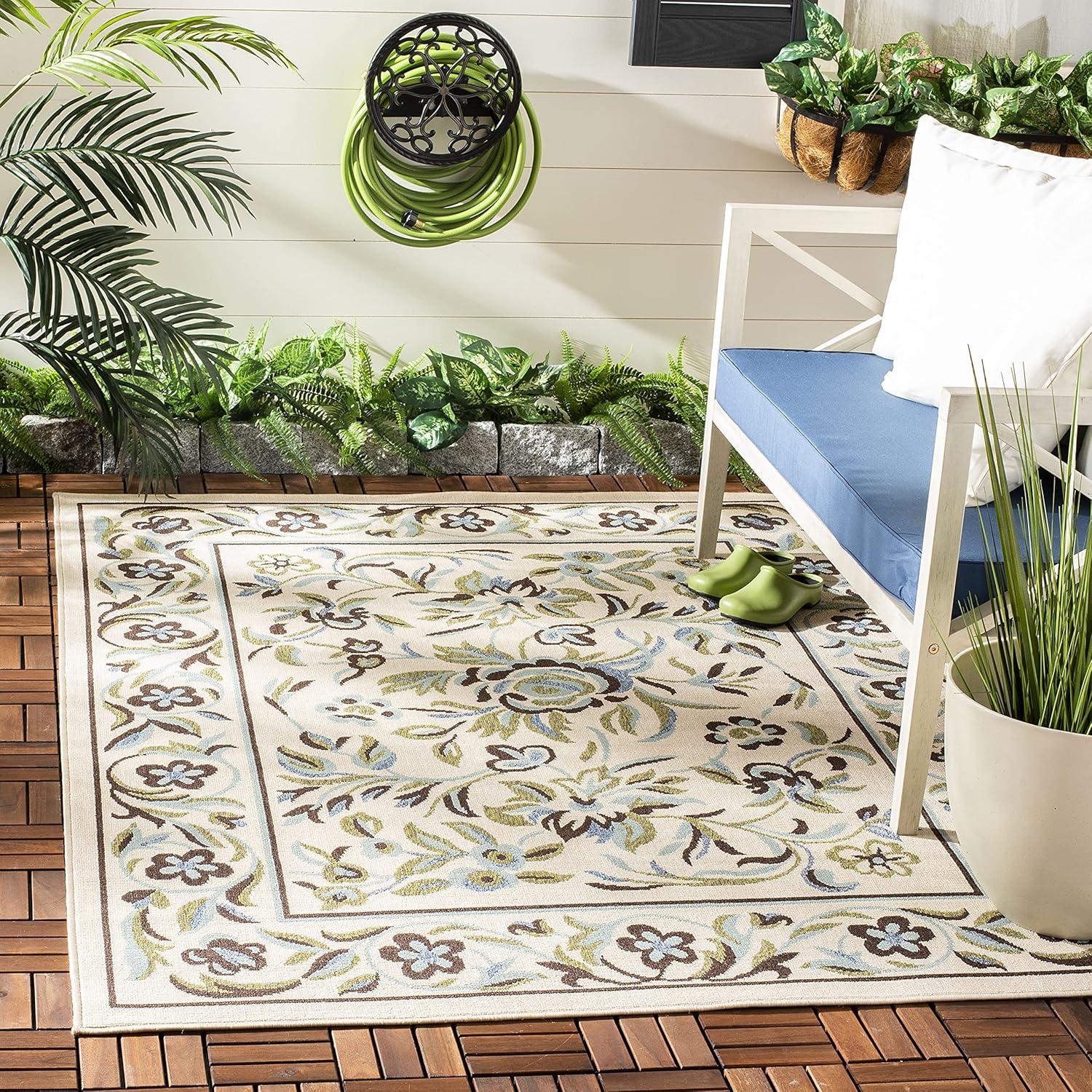 Cream and Green Floral Synthetic Square Area Rug