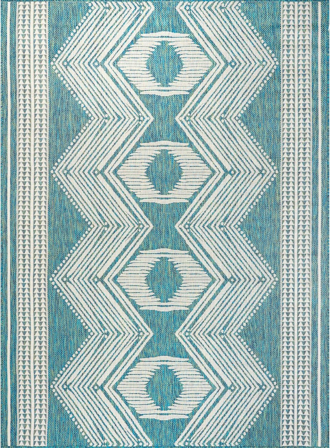 Nuloom 8x10 Outdoor/Indoor Ranya Bohmeian Area Rug, Teal, Geometric , Stain Resistant, Highly Durable, Patio, Balcony, BedroomLiving Room, Kitchen