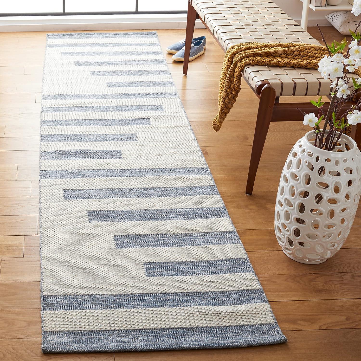 Ivory and Blue Handwoven Wool Kilim Runner Rug 2'3" x 9'