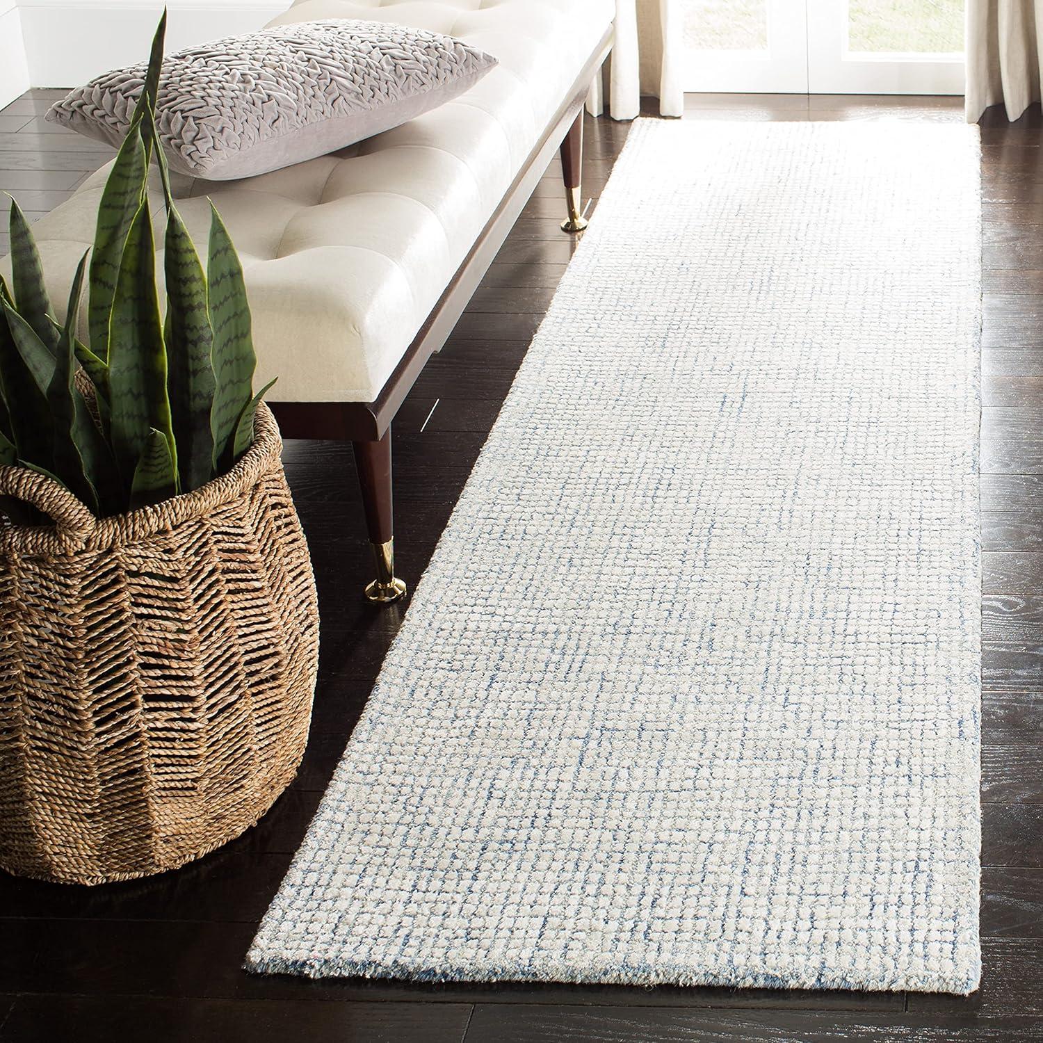 Off-White and Blue Handmade Wool Abstract Rug