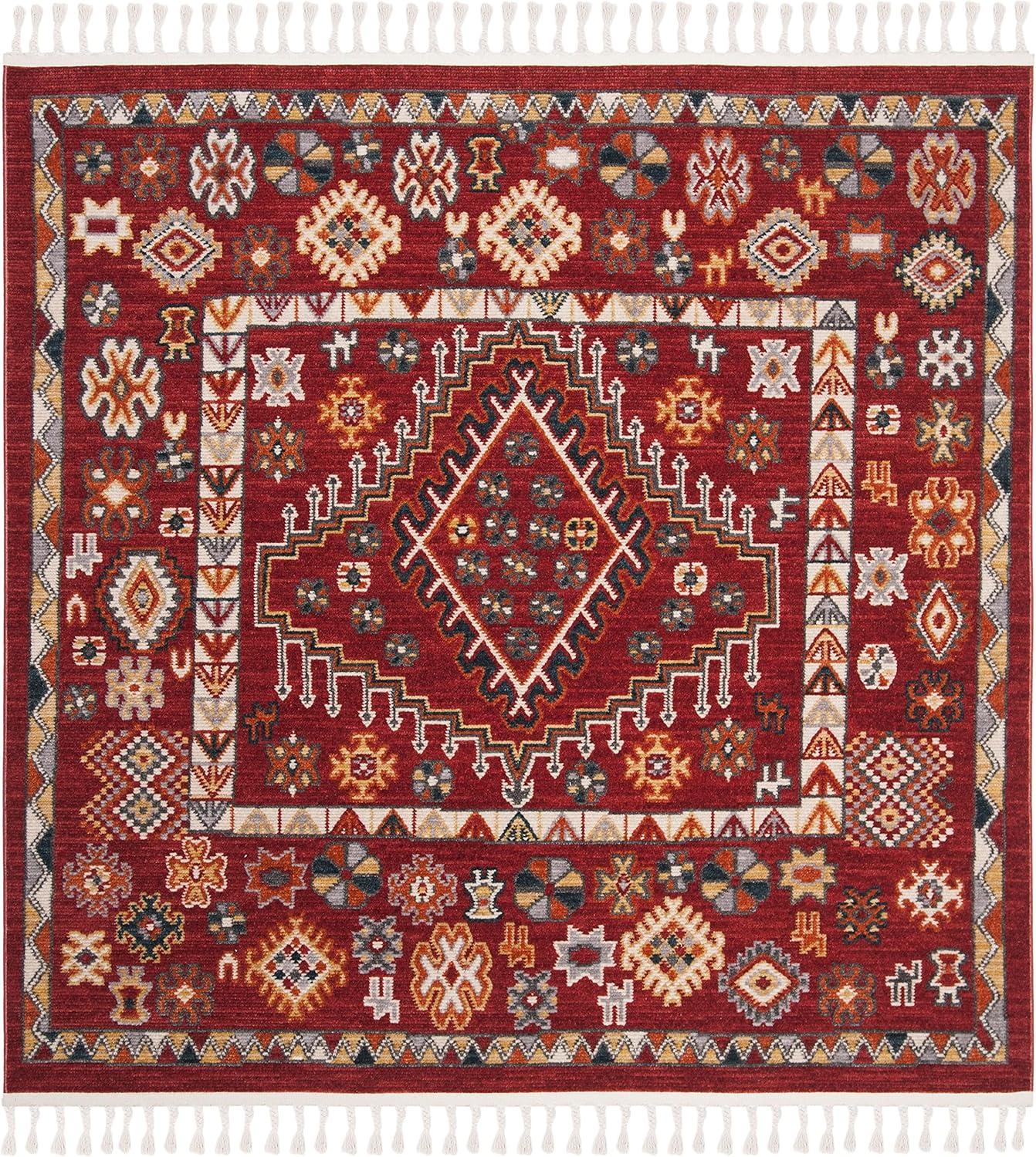 Bohemian Red & Ivory Cotton Blend Medallion Square Rug, 6'3"