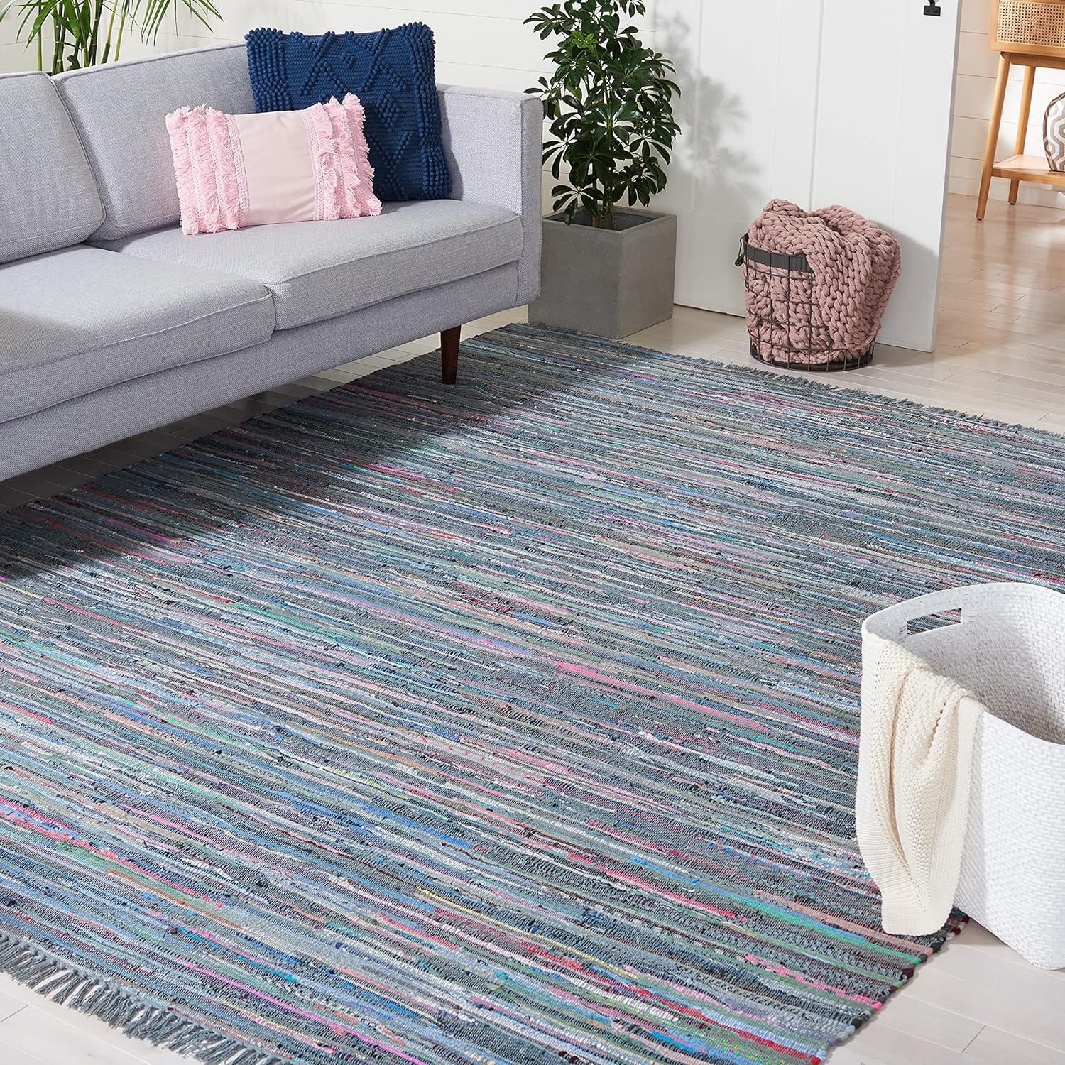 Rag Rug RAR121 Hand Woven Indoor Area Rug - 8'x10' - Aqua/Multi - Safavieh