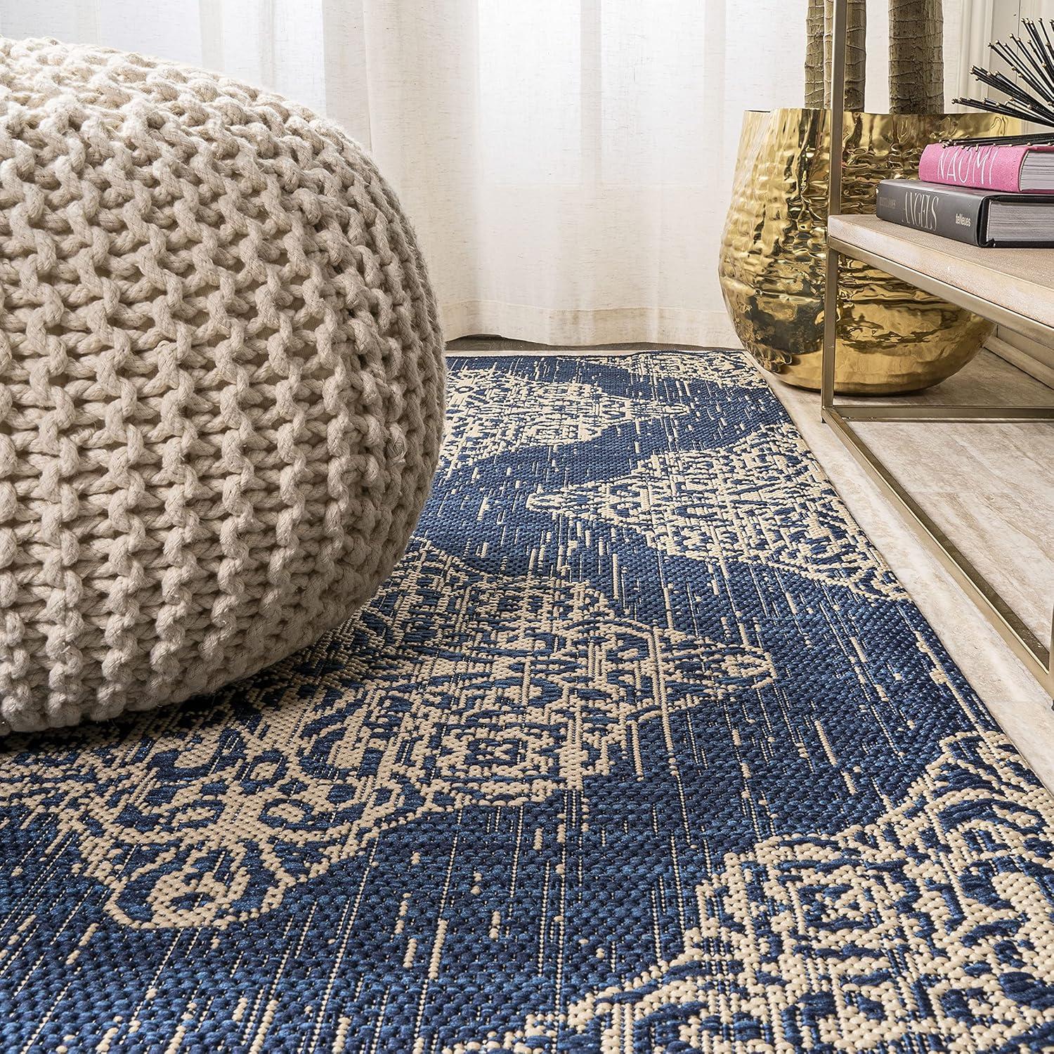 4'x6' Tuscany Ornate Medallions Indoor/Outdoor Area Rug, Navy/Beige - JONATHAN Y