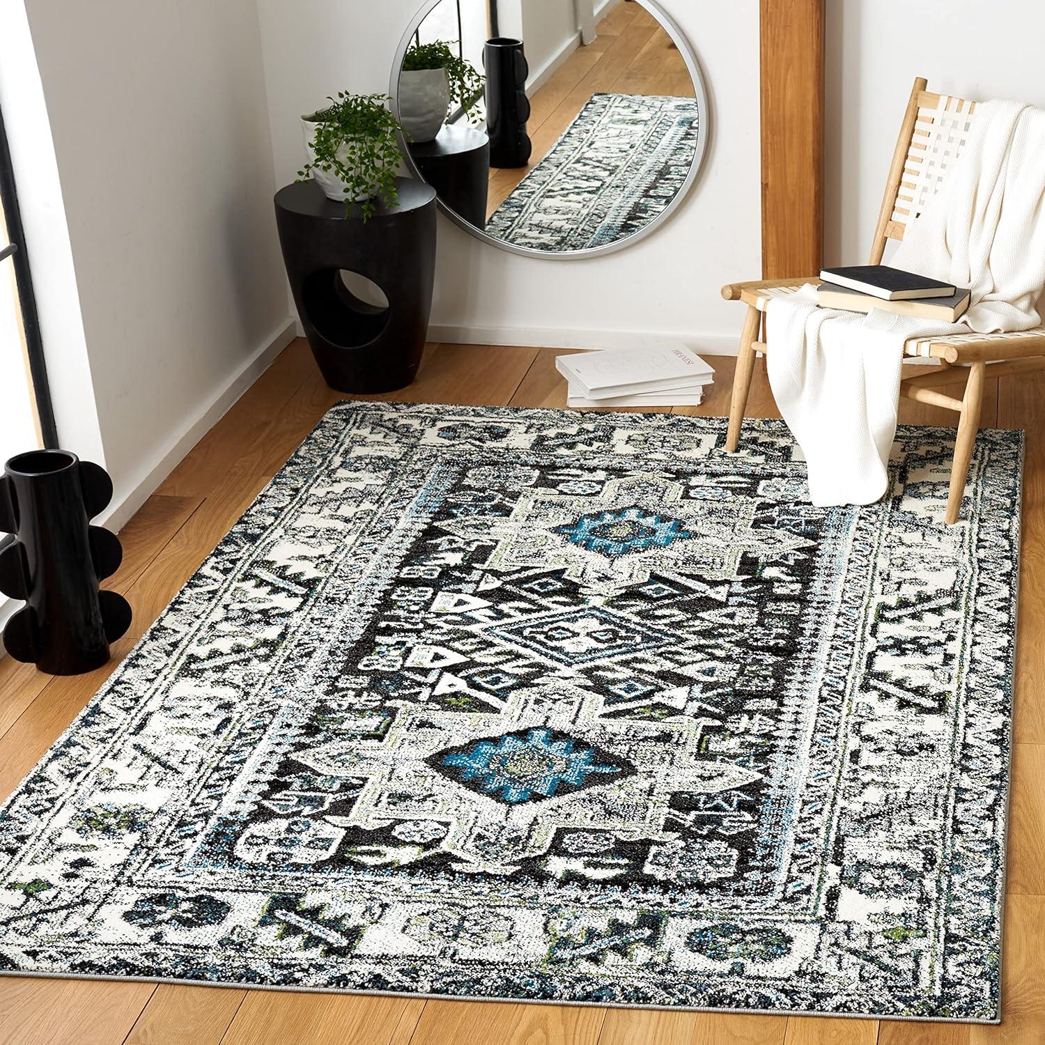 Elysian Blue & Grey Geometric Synthetic Area Rug - 6'7" x 9'