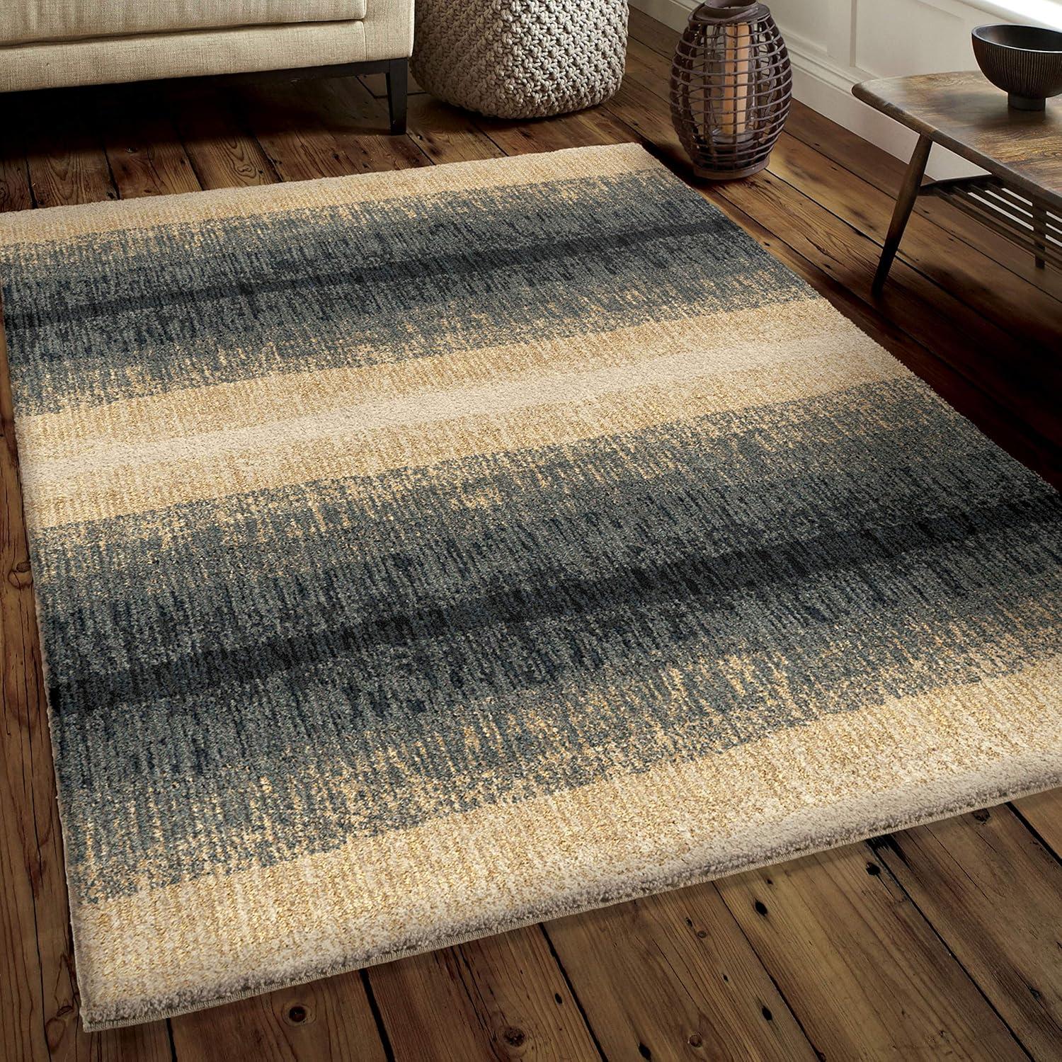 Skyline Blue and Beige Striped Synthetic Shag Rug 5'3" x 7'6"