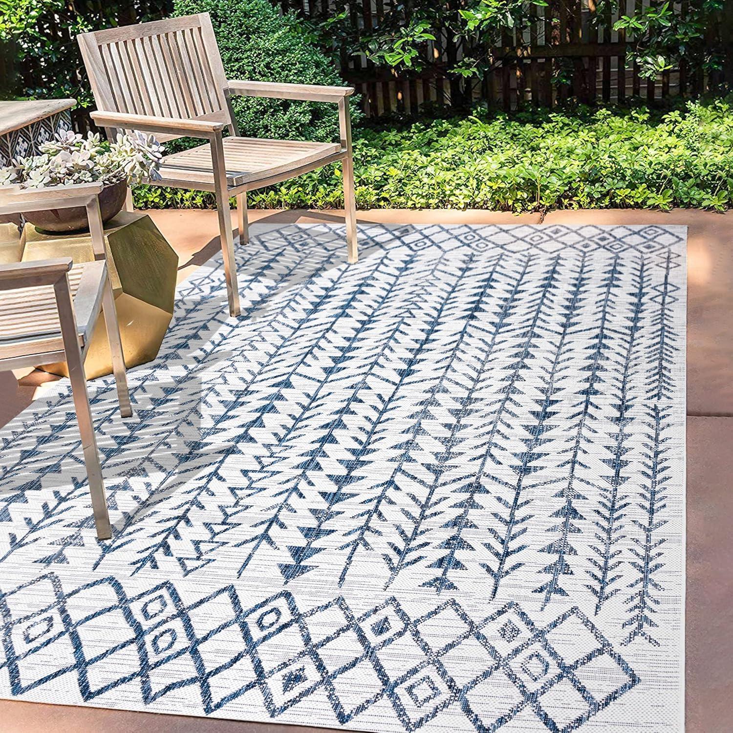3'x5' Tokay Bohemian Styled Geometric Indoor/Outdoor Area Rug, Ivory/Blue - JONATHAN Y