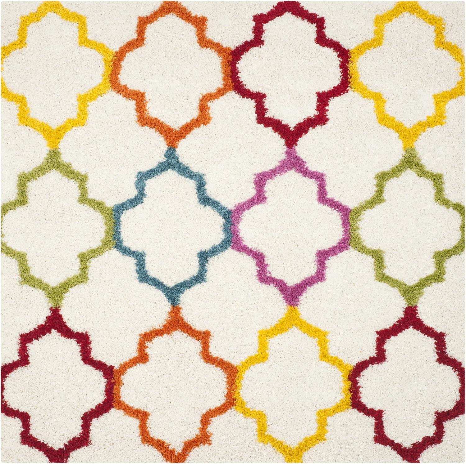 Ivory Multi Square Tufted Shag Kids Playroom Rug