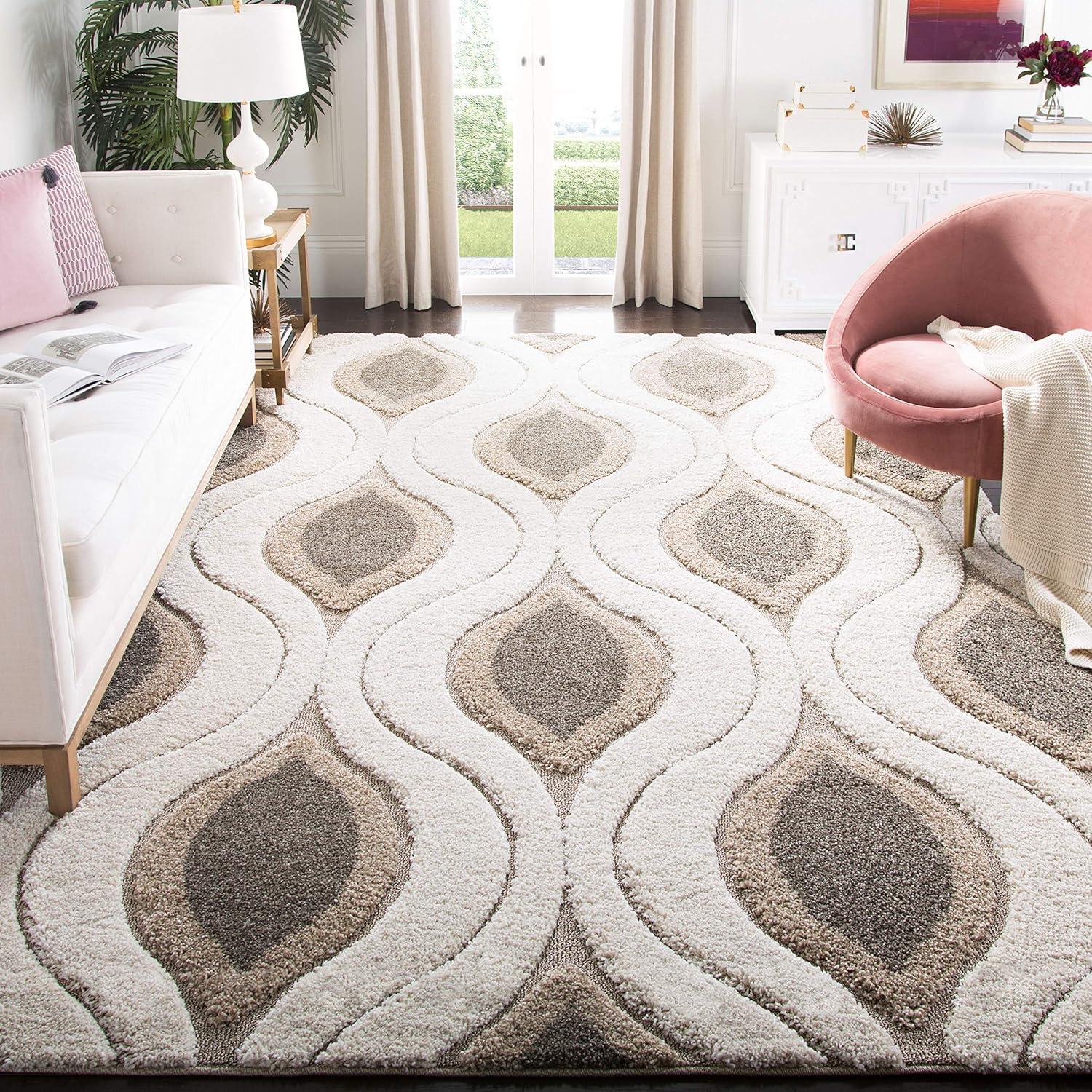 SAFAVIEH Florida Declan Geometric Swirls Shag Area Rug, Cream/Smoke, 8'6" x 12'