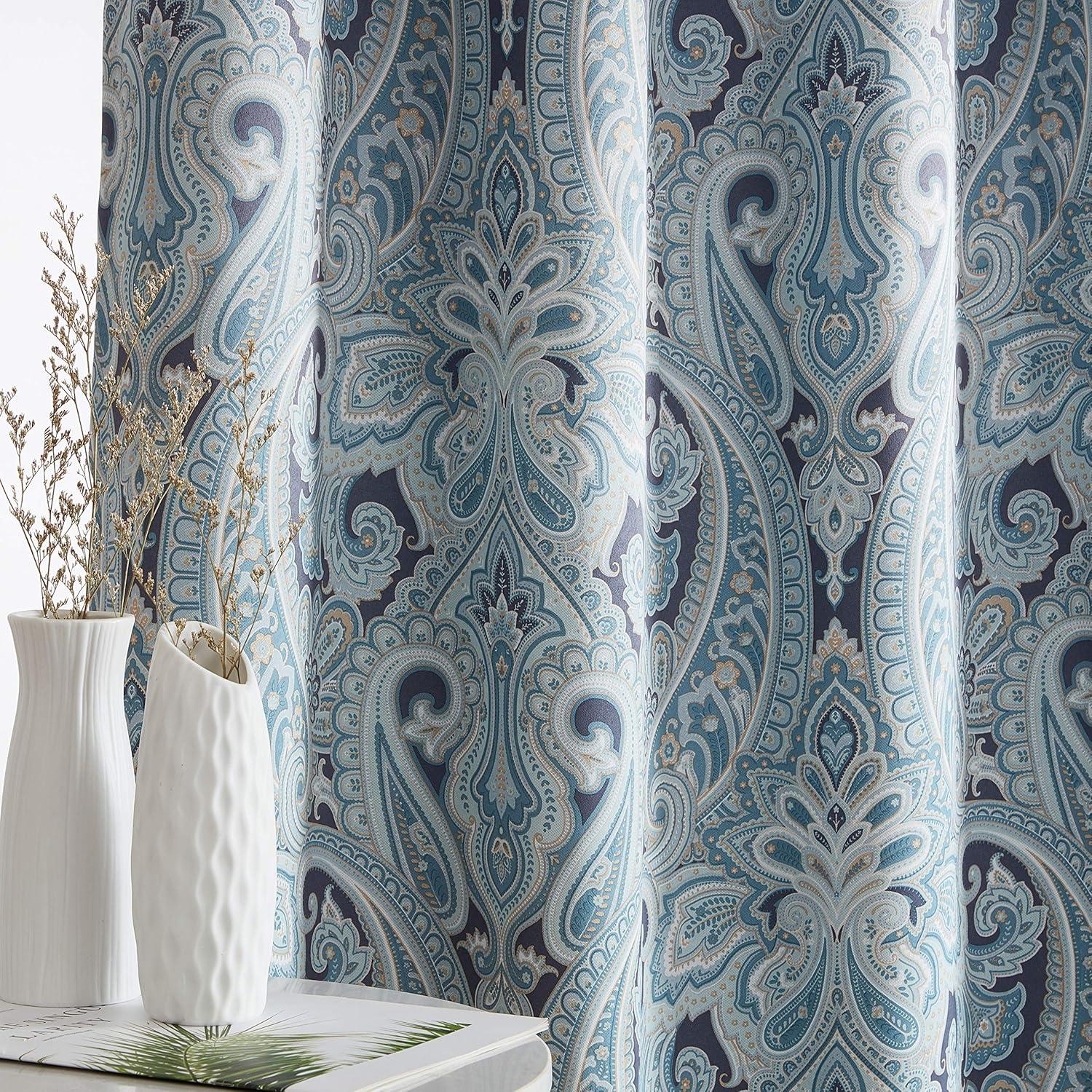 THD France Paisley Print Damask Energy Efficient Room Darkening Grommet Window Curtain Panels - Pair
