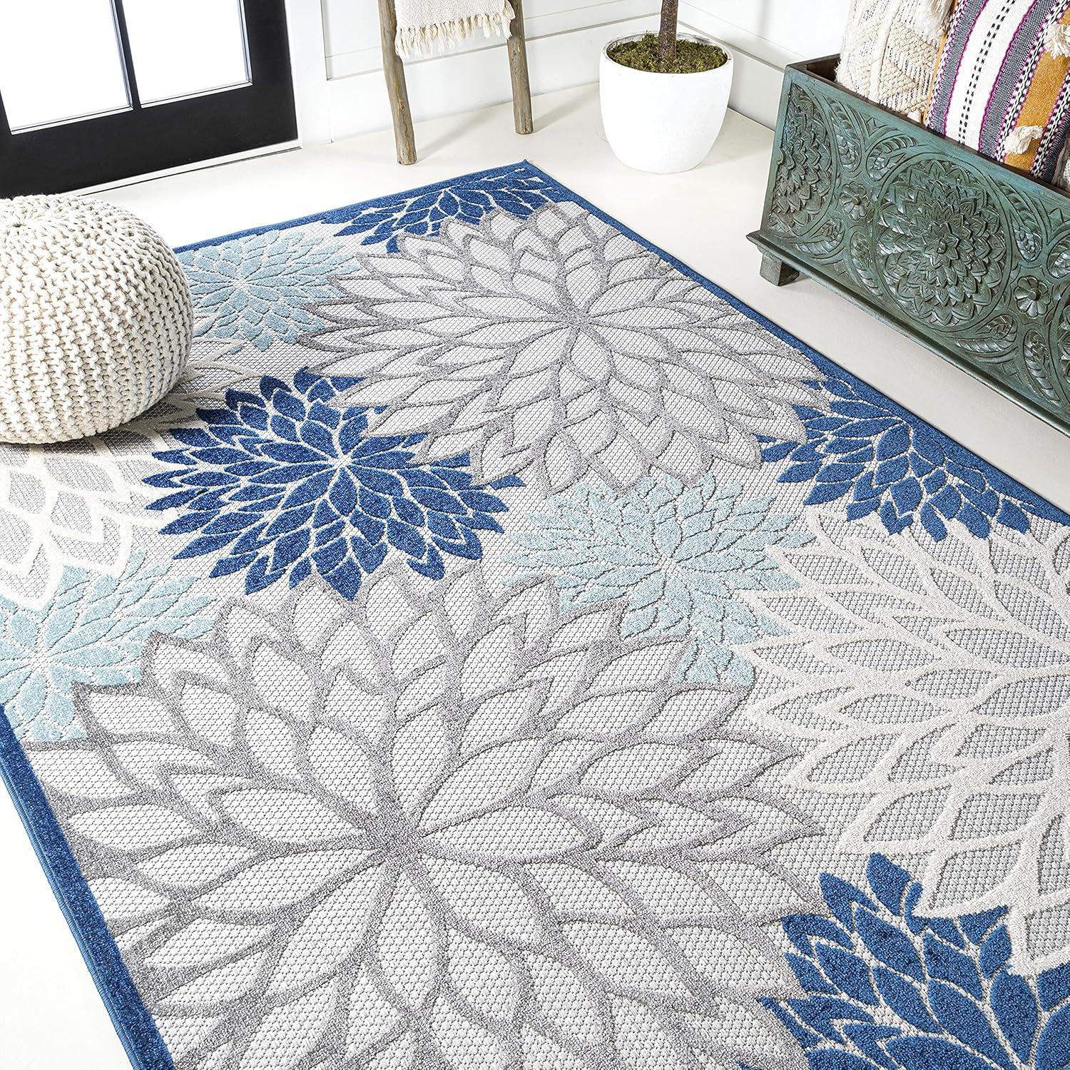 3'x5' Minori Floral Indoor/Outdoor Area Rug, Blue/Gray - JONATHAN Y