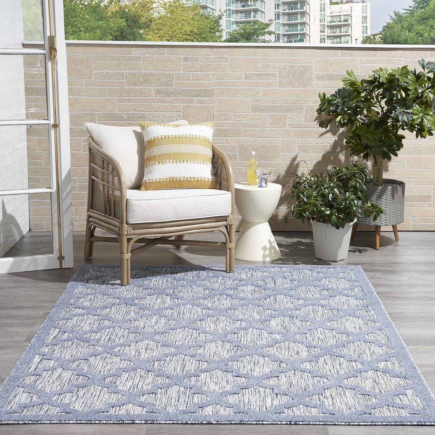 Nourison Easy Care Trellis Flatweave Indoor Outdoor Area Rug 6' x 9' Denim Blue