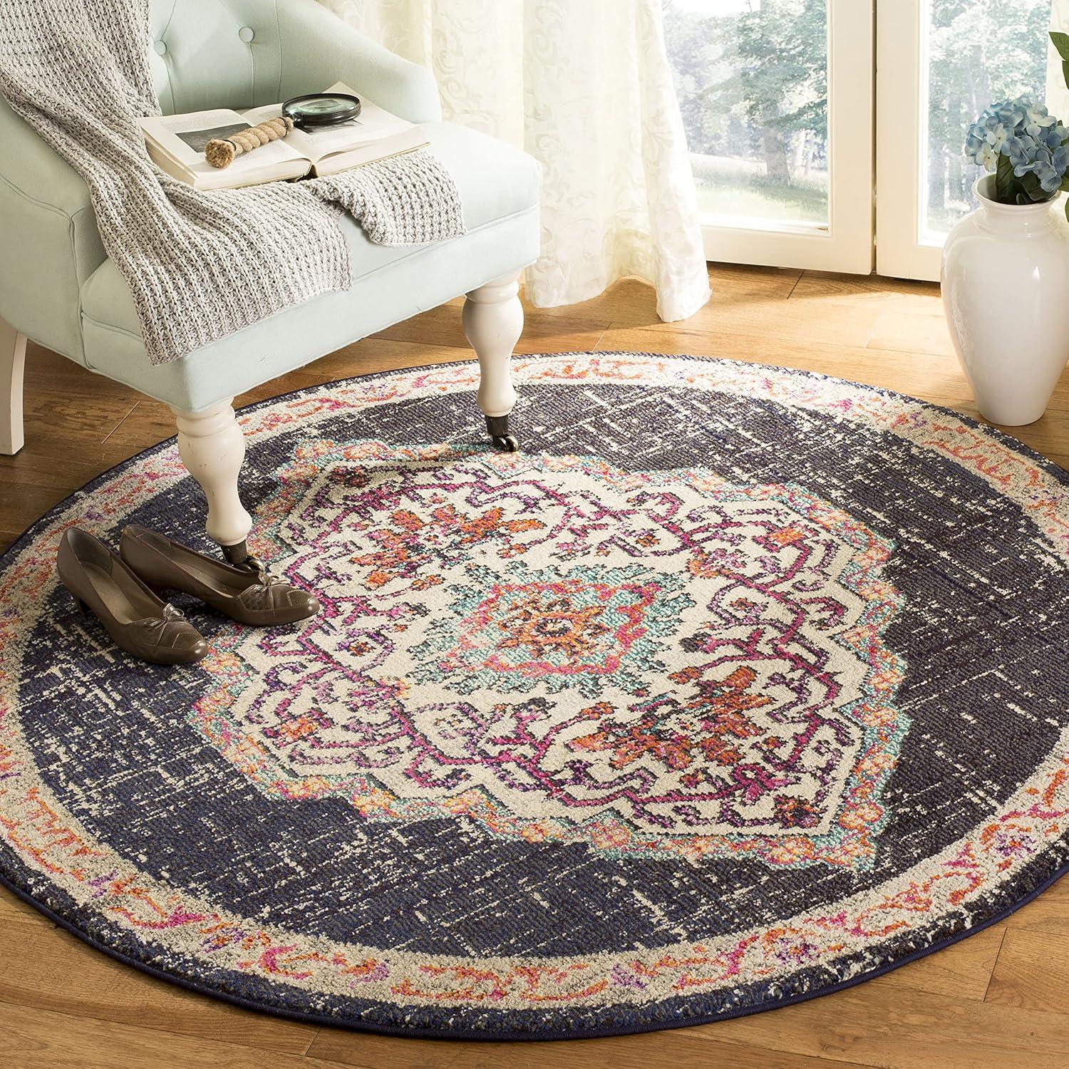 Monaco MNC254 Power Loomed Indoor Area Rug - Black/Blue - 5' Round - Safavieh.
