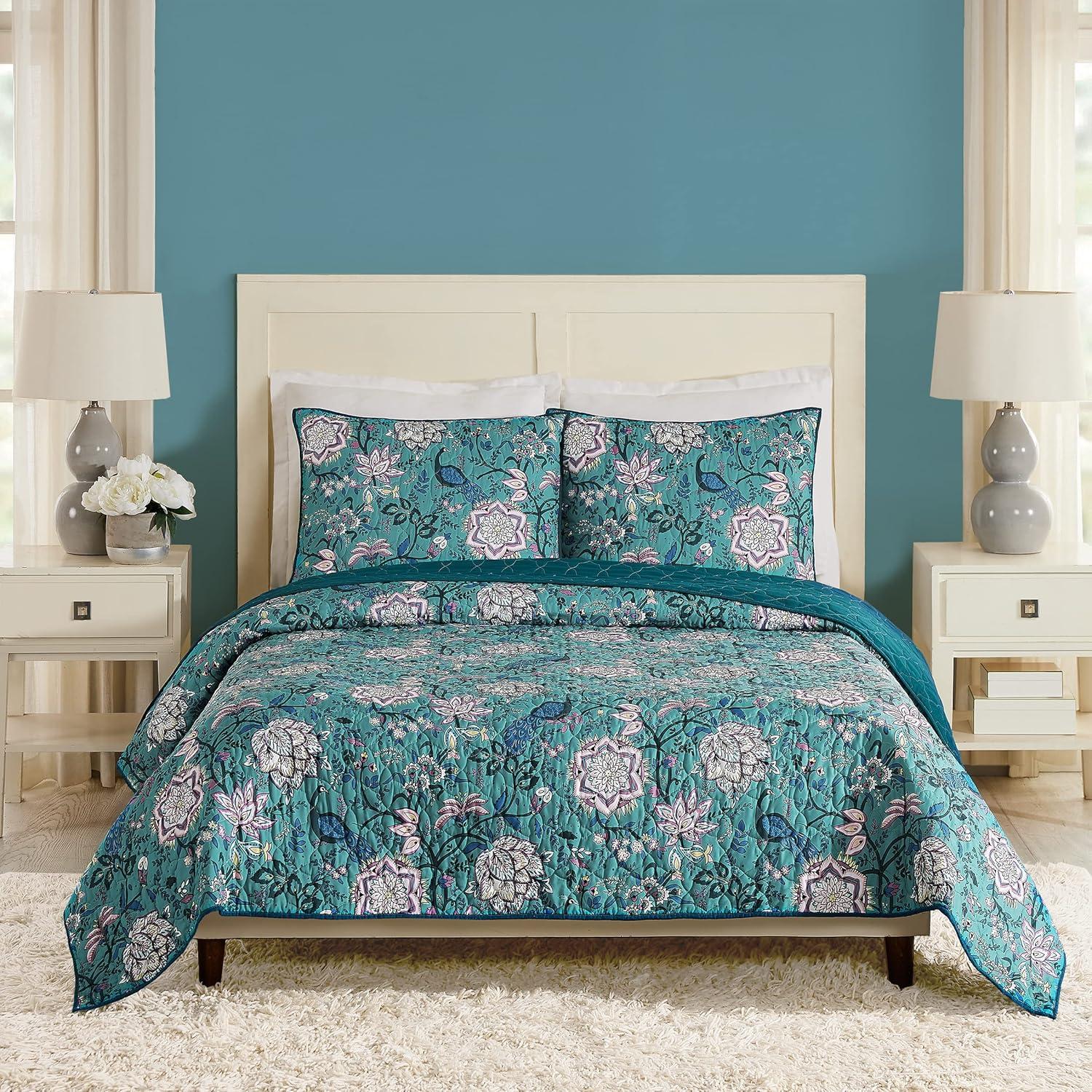 Peacock Garden Blue Microfiber Full Quilt Set