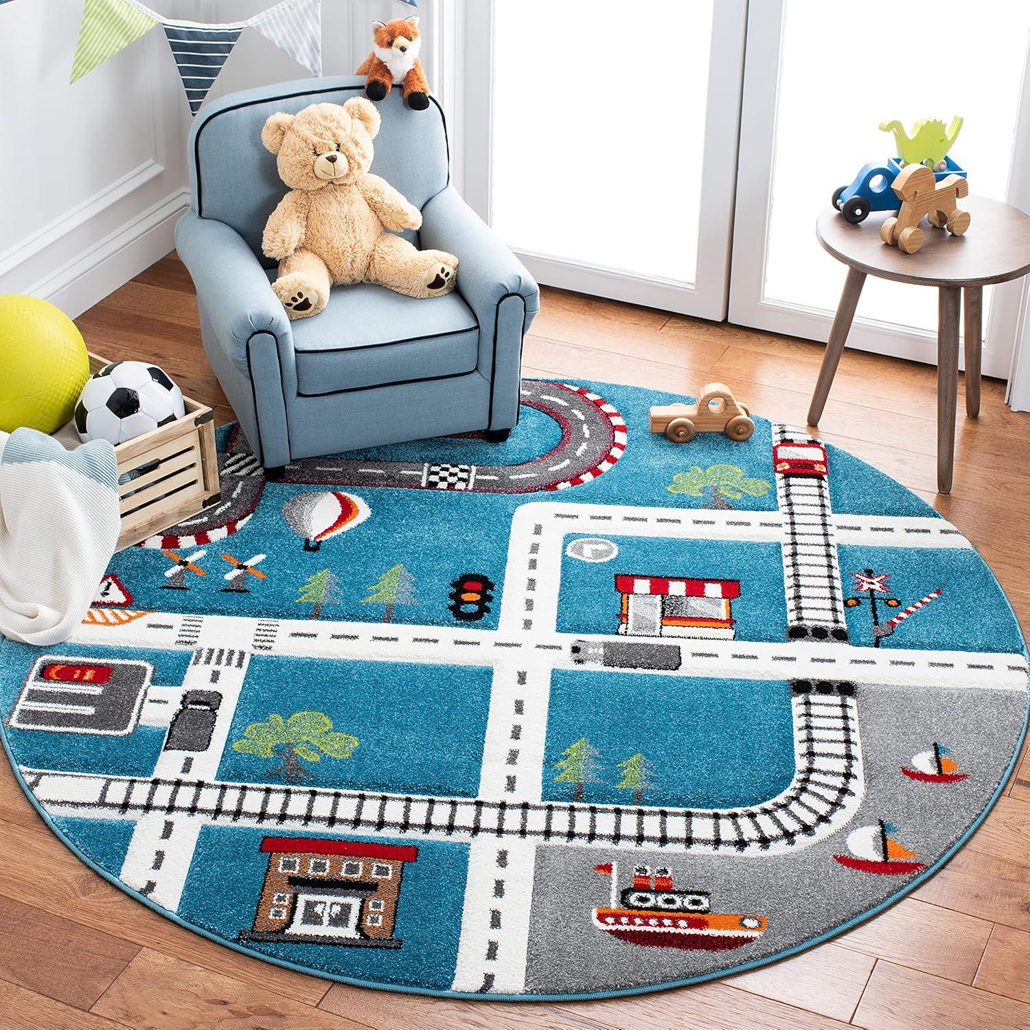 Turquoise and Ivory Round Kids Train Track Area Rug