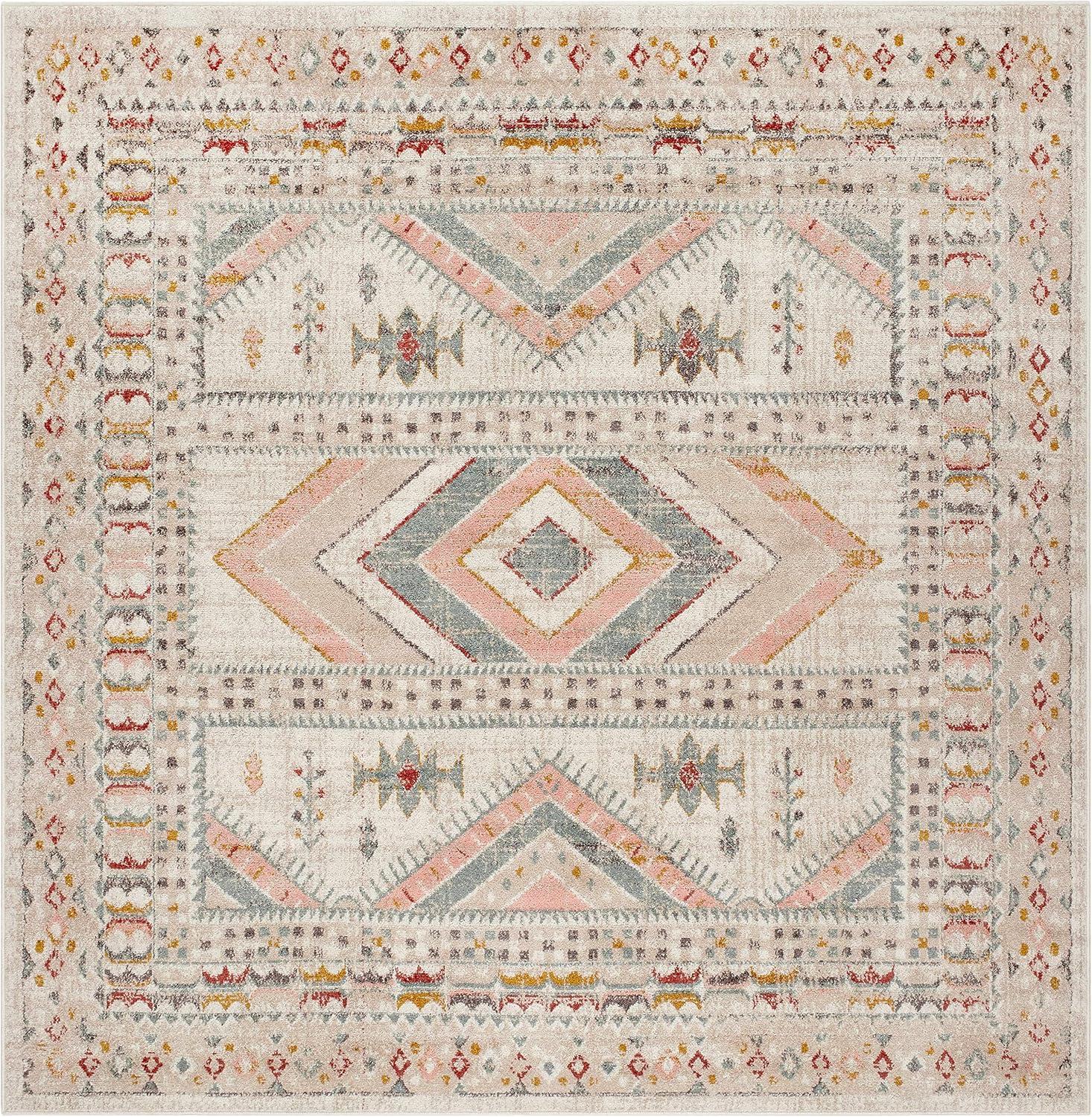 BoutiqueRugs Diem Boho Vintage Colorful Large Area Rug - Farmhouse Traditional Medallion Pink Rug for Bedroom, Dining Room - Pink, Cream, Green, Red, Gray, Yellow - 7'10" x 10'2" (8x10 Area Rug)