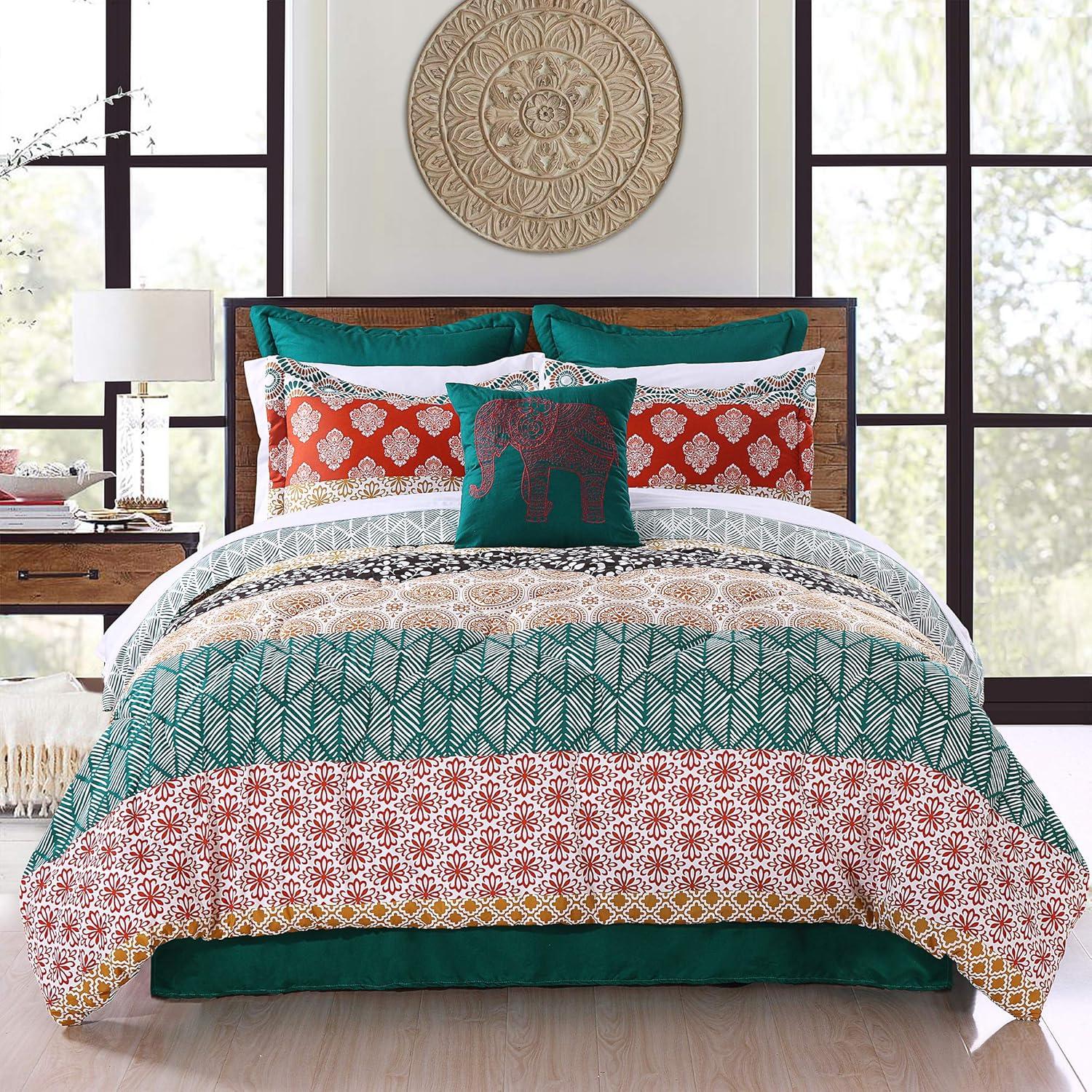 Bohemian Stripe Reversible Comforter Set Turquoise/Orange - Lush Décor