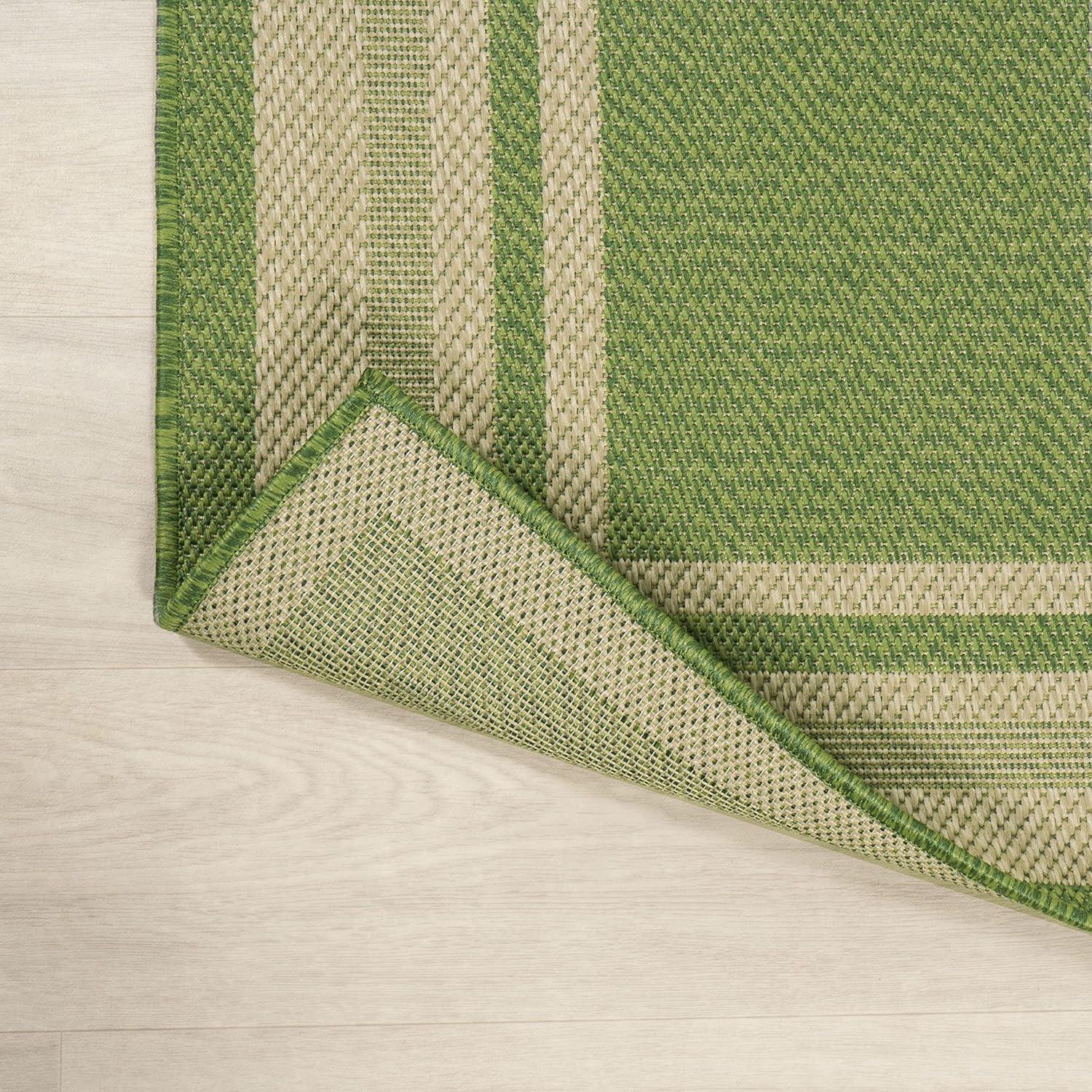 2' x 8' James Modern Border Stripe Indoor/Outdoor Runner Rug, Green/Cream - JONATHAN Y