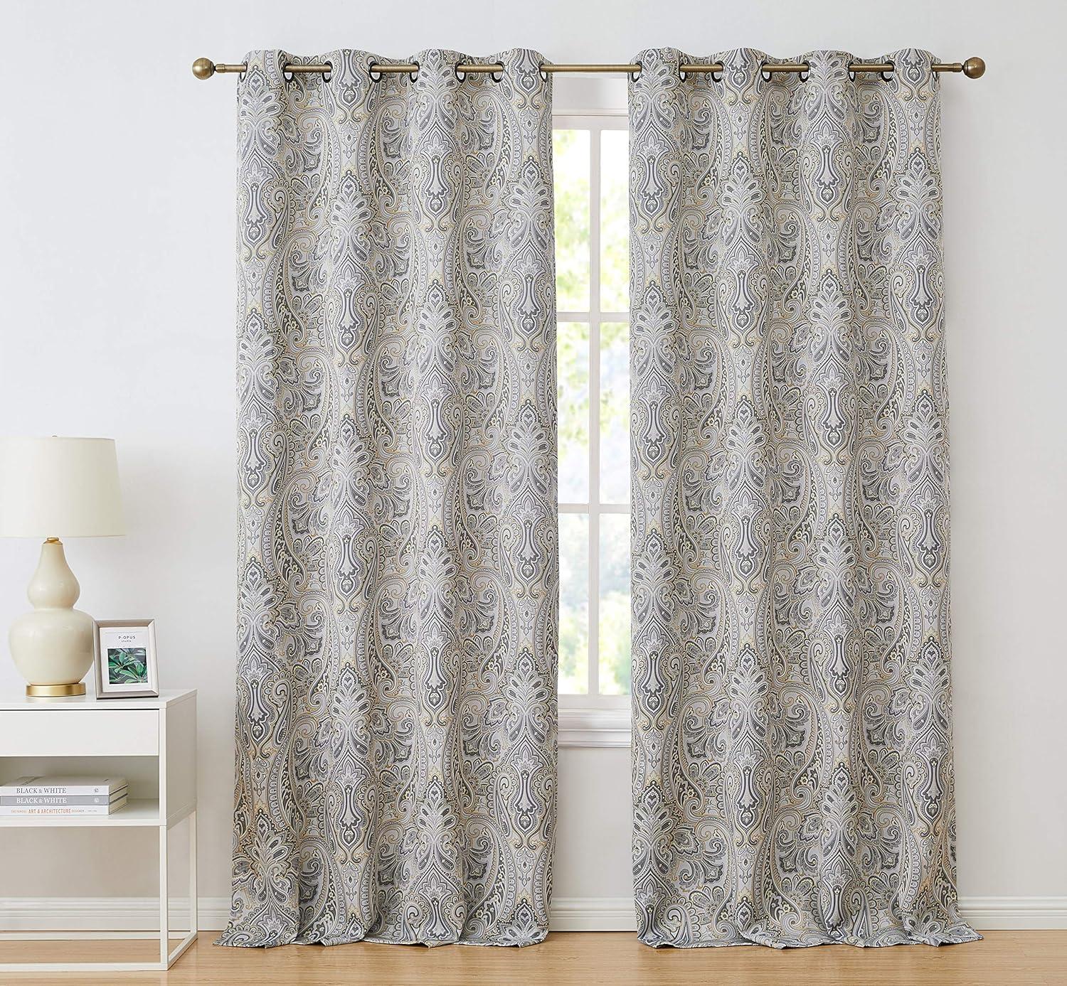 HLC.ME Paris Paisley Decorative Print Damask Pattern Light Reducing Grommet Window Curtain Panels for Bedroom, Set of 2 - Grey, 50 W x 96 L