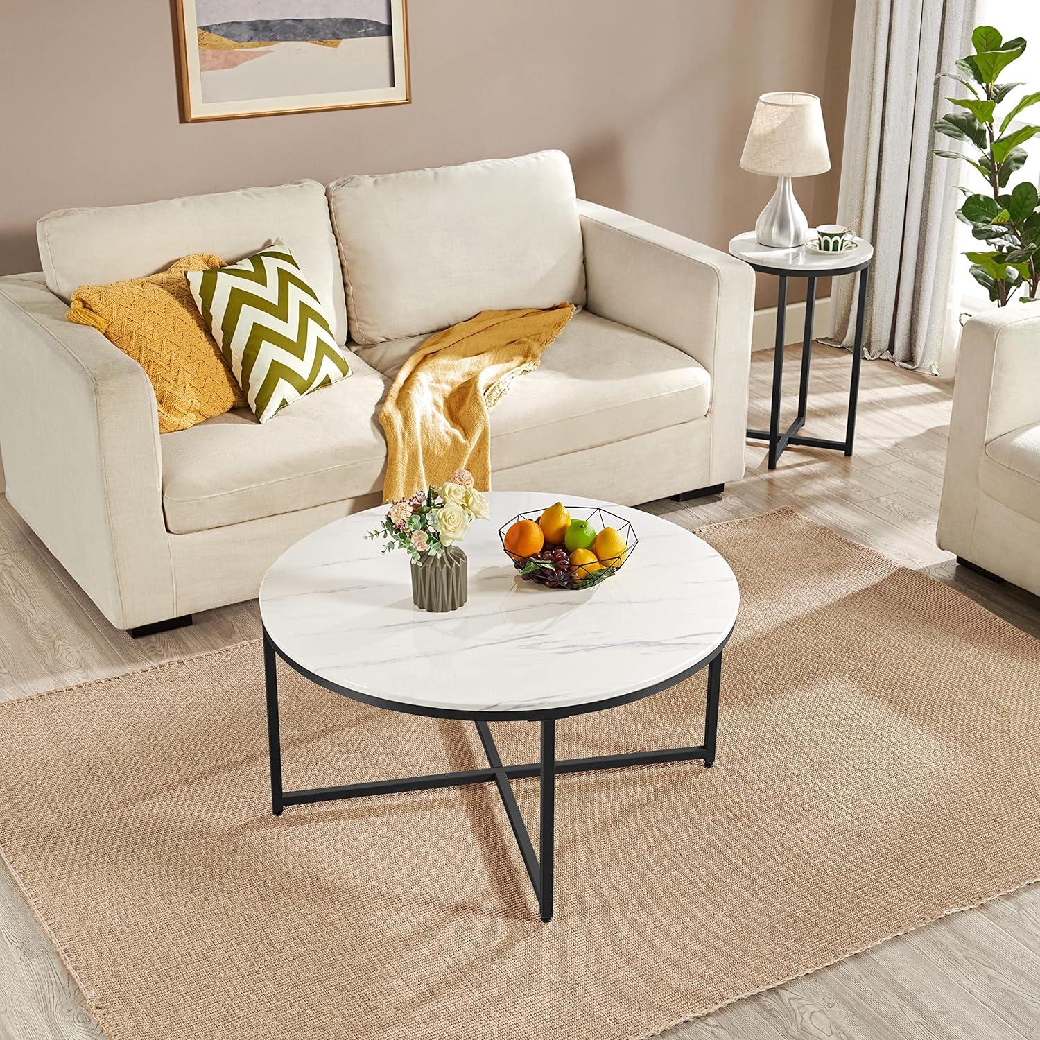 Yaheetech Faux Marble Coffee Table, Modern Round Accent Table with X-Base & Metal Frame, 35.5in Center Tables for Living Room & Dining Room, White and Black