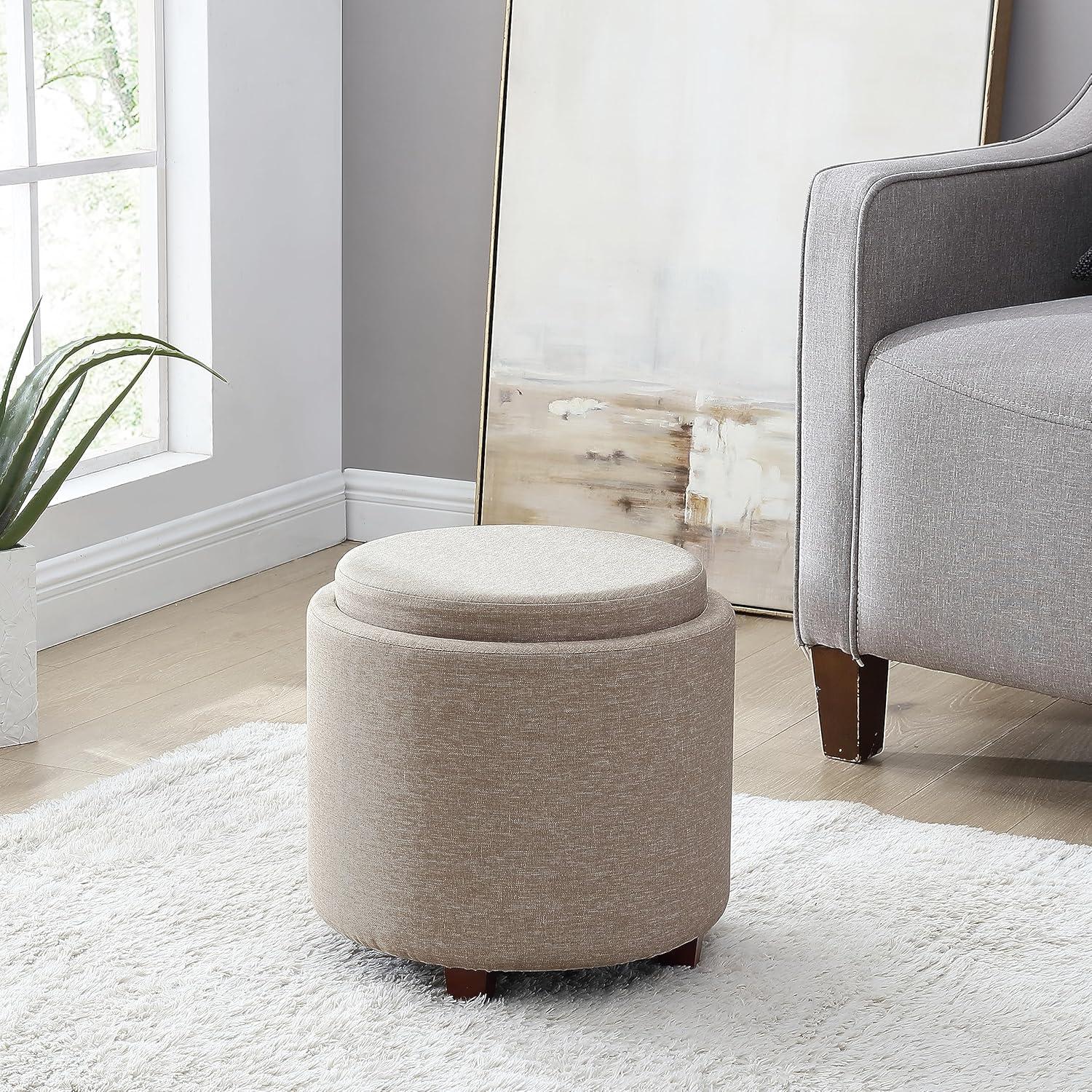 Ornavo Home Lawrence Round Storage Ottoman with Lift Off Lid and Tray Lid Coffee Table, Ottoman with Storage for Living Room, Bedroom and Office, Linen Beige