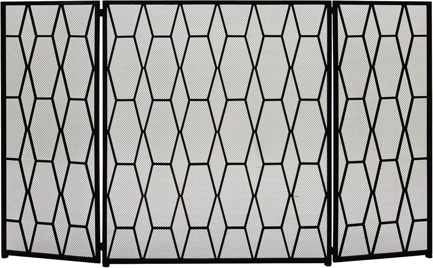 DecMode 51" x 31" Black Metal Foldable 3 Panel Geometric Fireplace Screen with Mesh Netting, 1-Piece