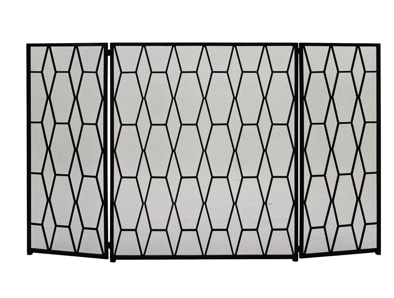 DecMode 51" x 31" Black Metal Foldable 3 Panel Geometric Fireplace Screen with Mesh Netting, 1-Piece