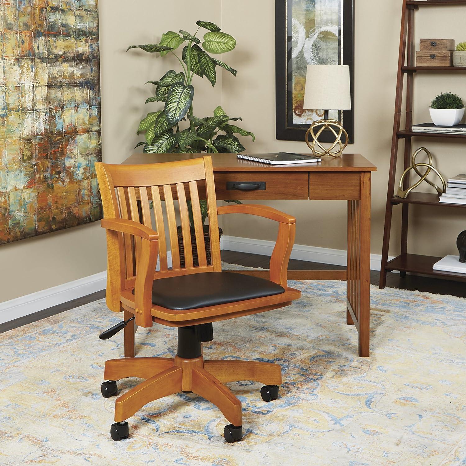 Adjustable Fruitwood Swivel Banker's Chair with Black Vinyl Seat