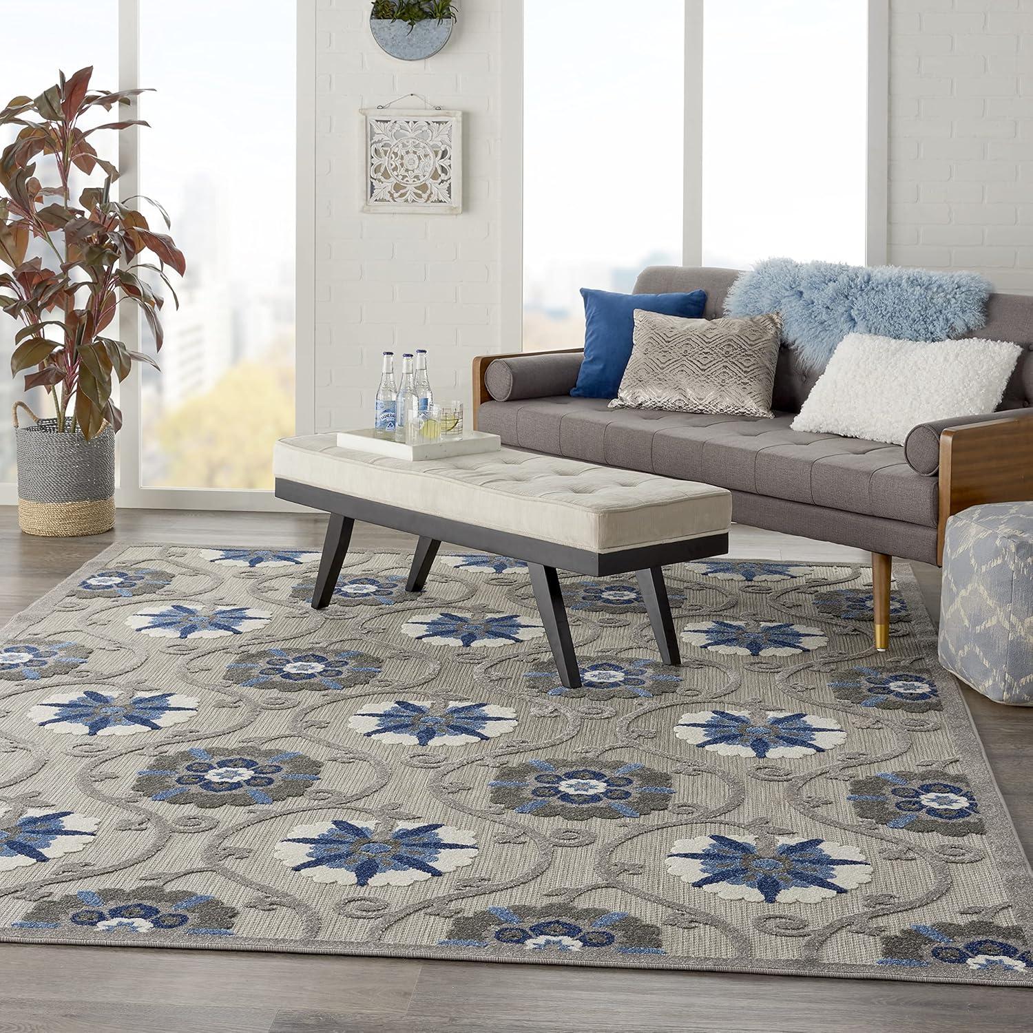 Nourison Aloha Contemporary Floral Flatweave High-Low Indoor Outdoor Area Rug Grey/Blue 7'10" x 10'6"