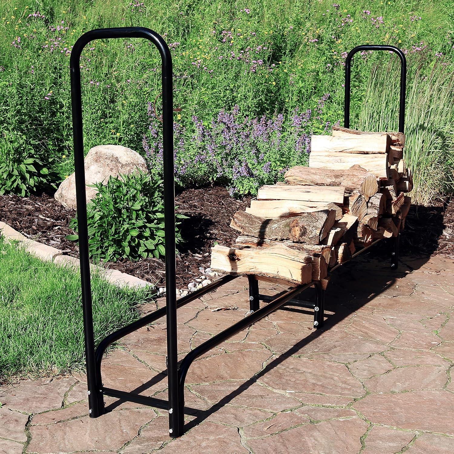 Sunnydaze Indoor/Outdoor Powder-Coated Steel Fire Pit or Fireplace Firewood Log Rack Holder - 8' - Black