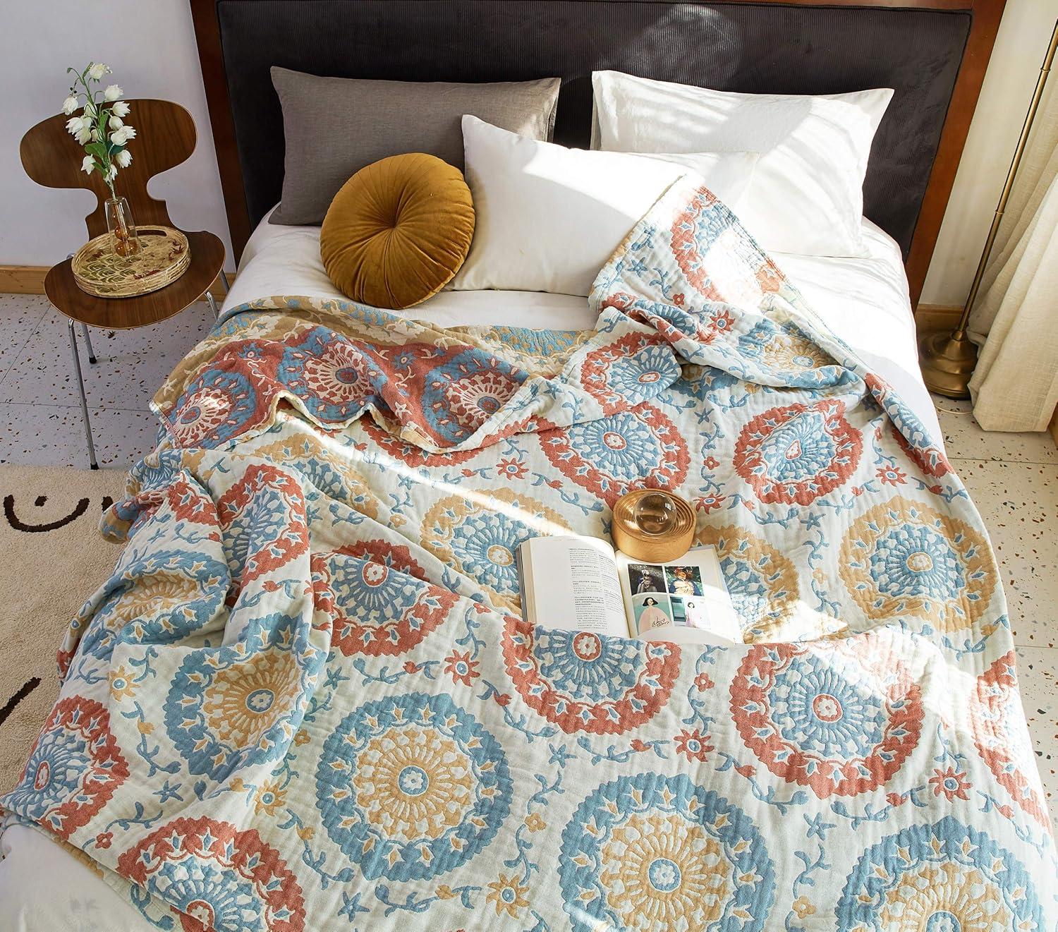 Scientific Sleep Boho Round Retro Farmhouse 100% Cotton Muslin Blanket Throw Cover for Bed Couch Sofa Cozy Soft Reversible Bedding Blanket Bedspread Coverlet Twin 60 in x 80 in