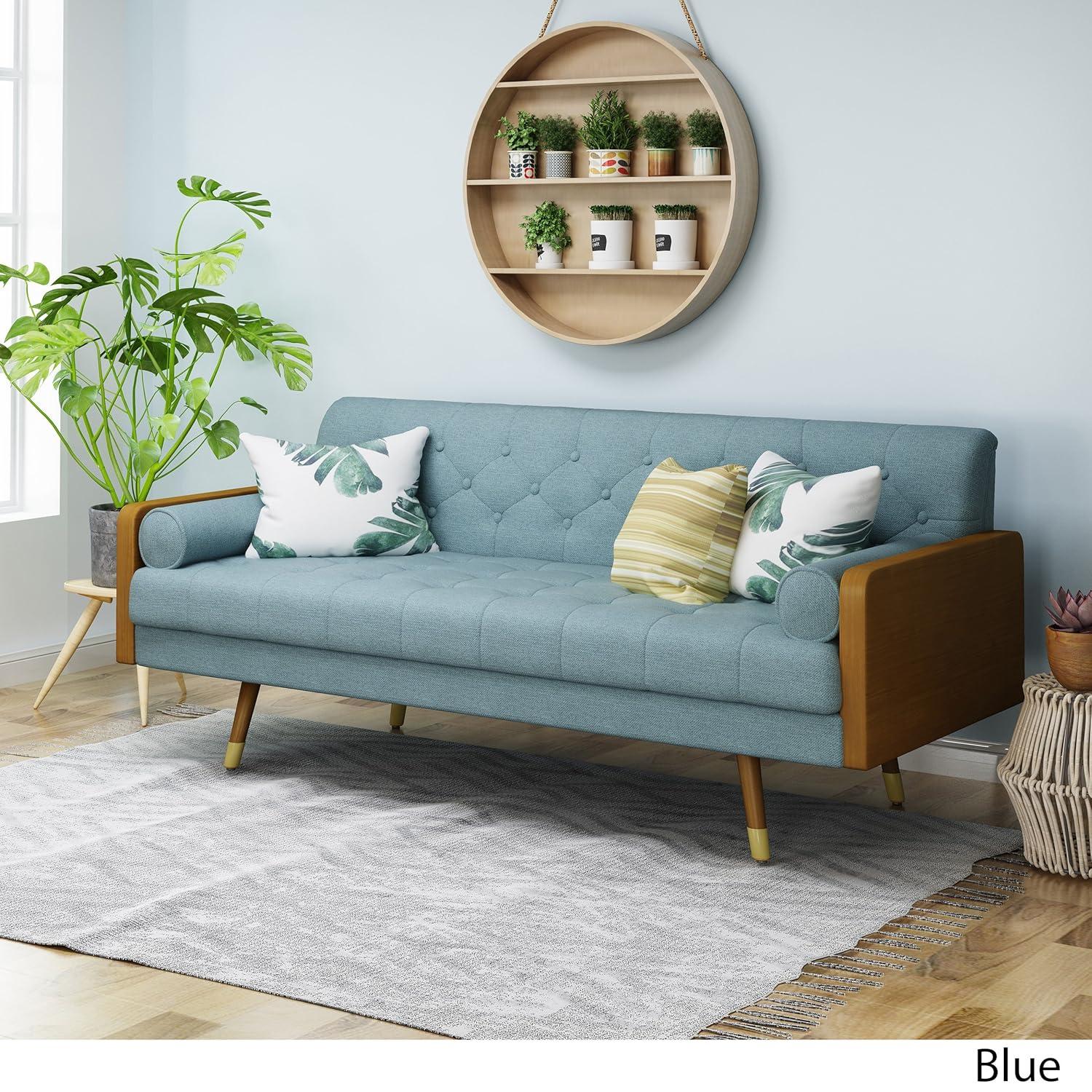 GDFStudio Aidan Mid Century Modern 72.25" Tufted Upholstered 3 Seater Sofa，Blue/Dark Walnut/Gold