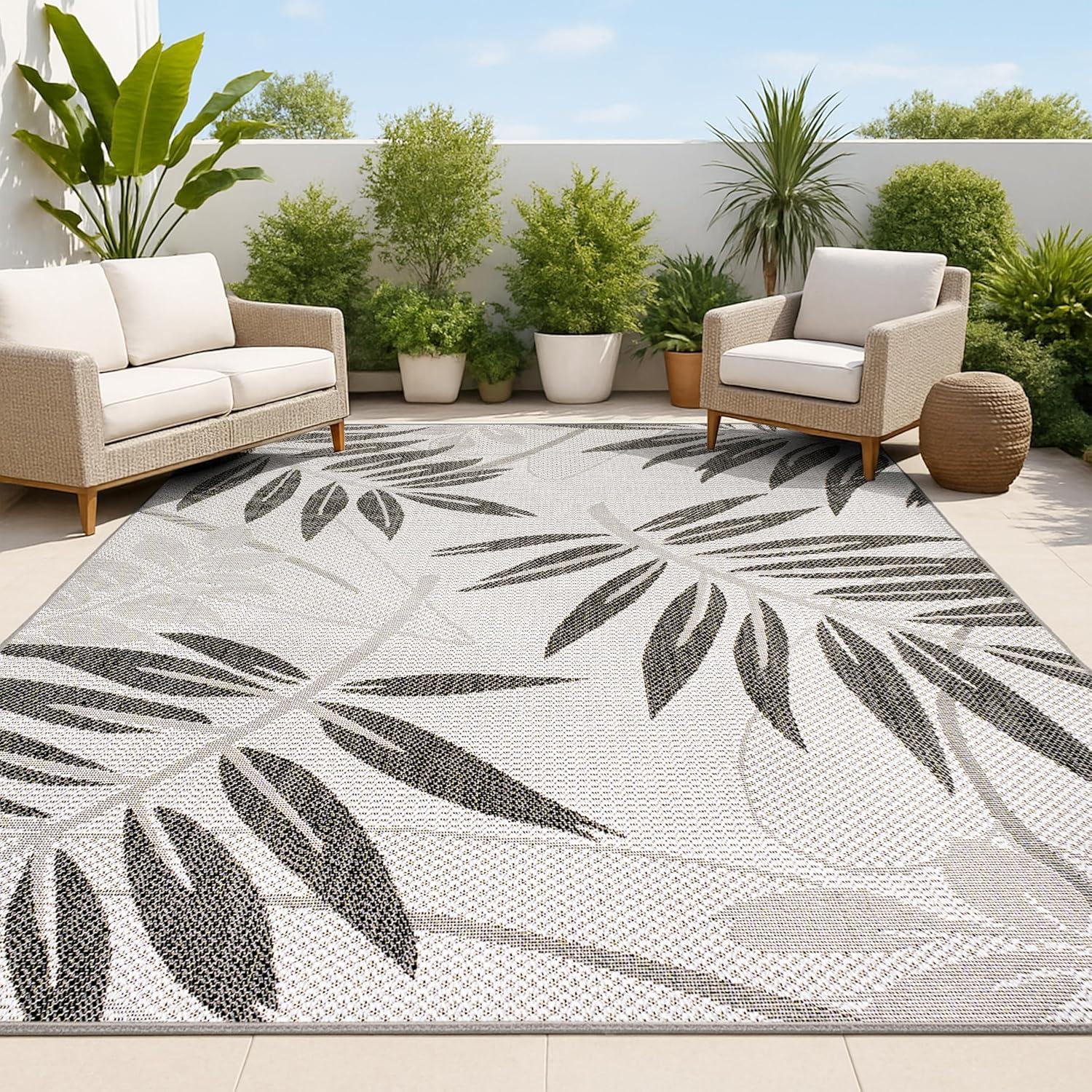 8' x 10' Havana Tropical Palm Leaf Indoor/Outdoor Area Rug, Gray/Black - JONATHAN Y