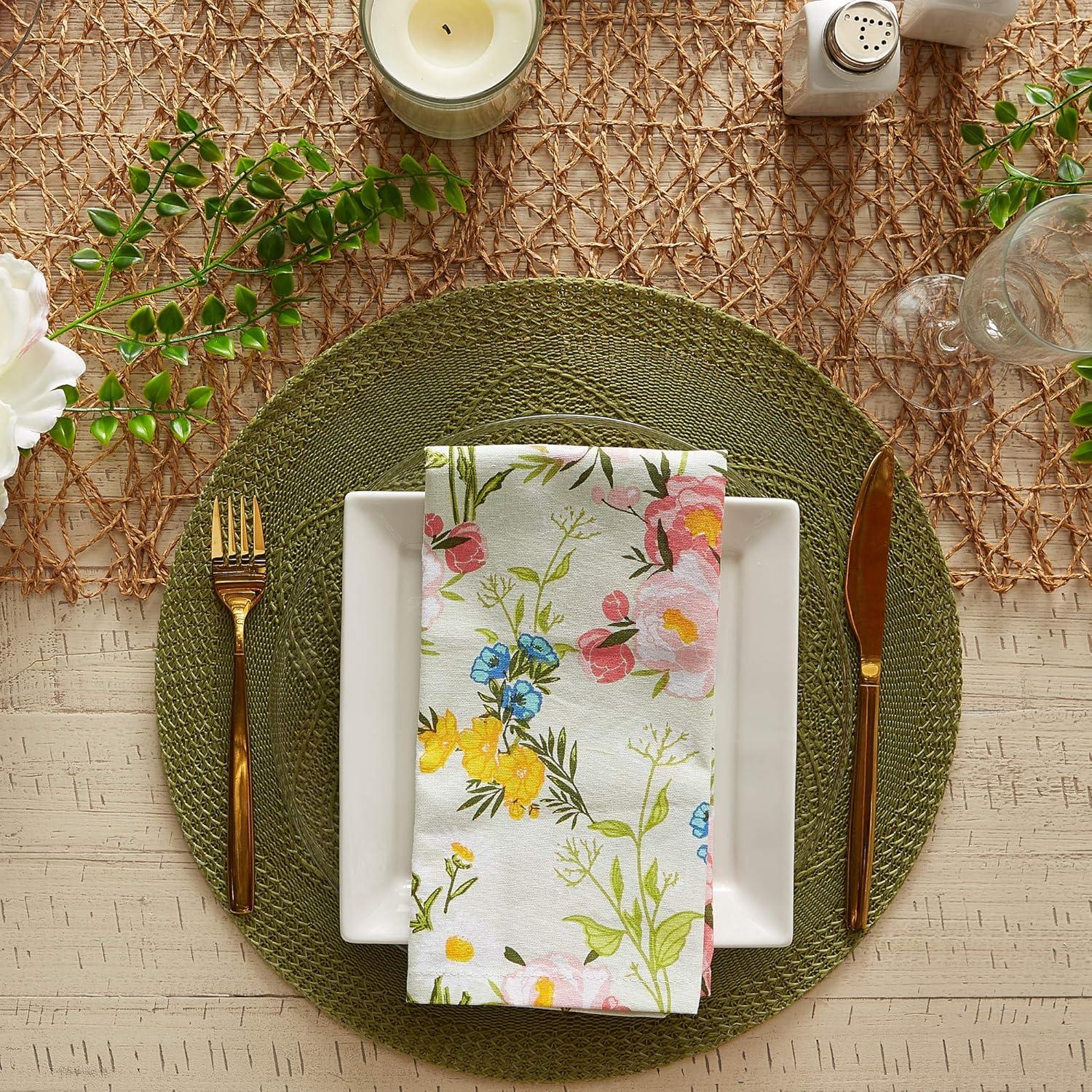 Contemporary Home Living Woven Round Floral Placemats - 15" - Hunter Green - Set of 6