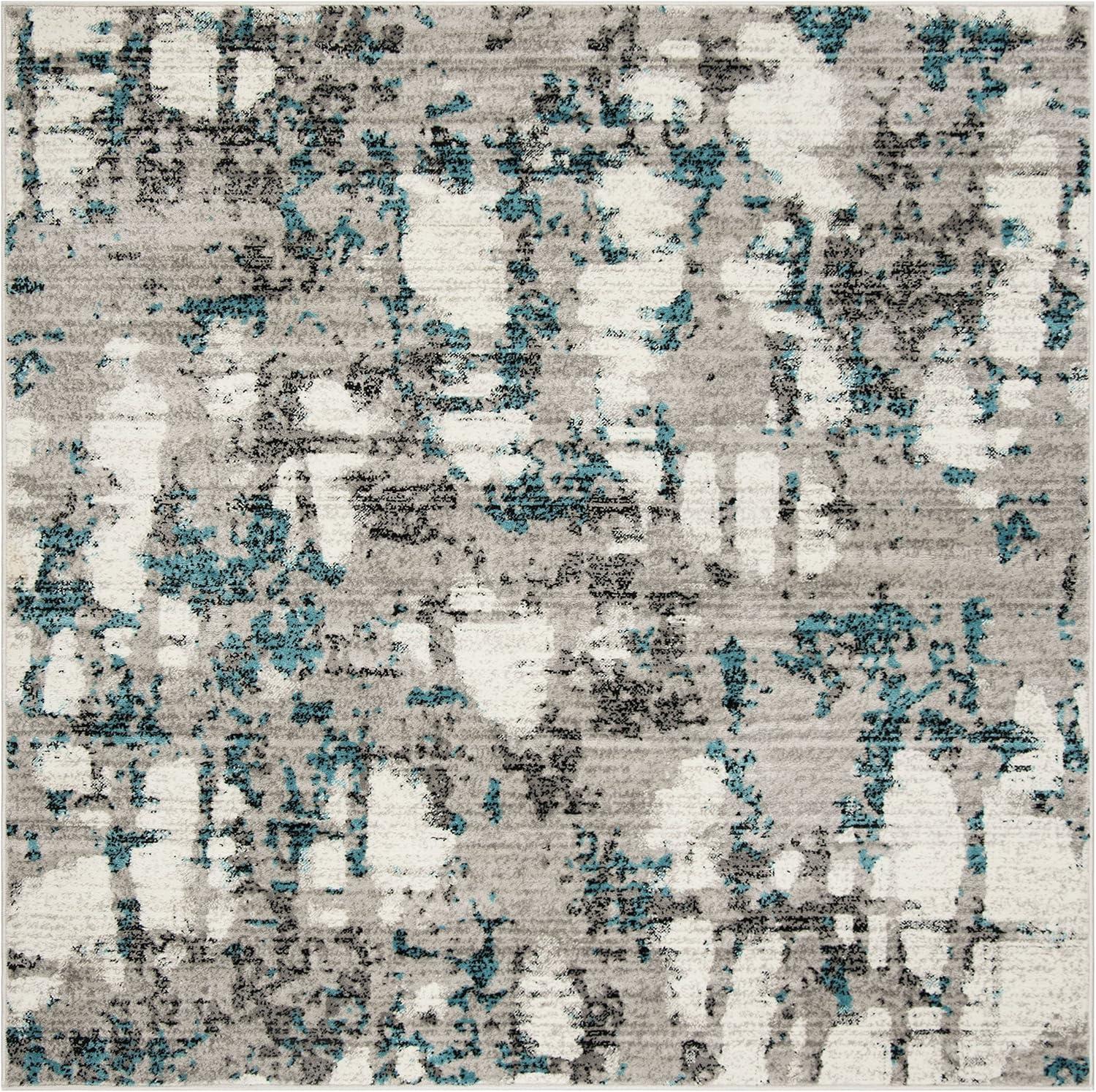 Skyler 4' Square Grey and Blue Synthetic Medallion Rug