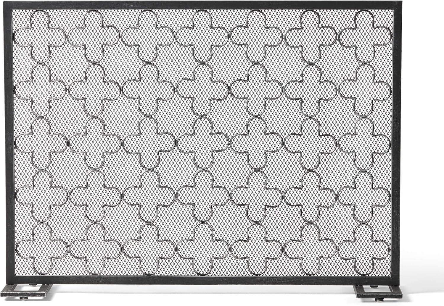 GDF Studio Pepperwood Modern Single Panel Iron Fireplace Screen, Black Brushed Silver