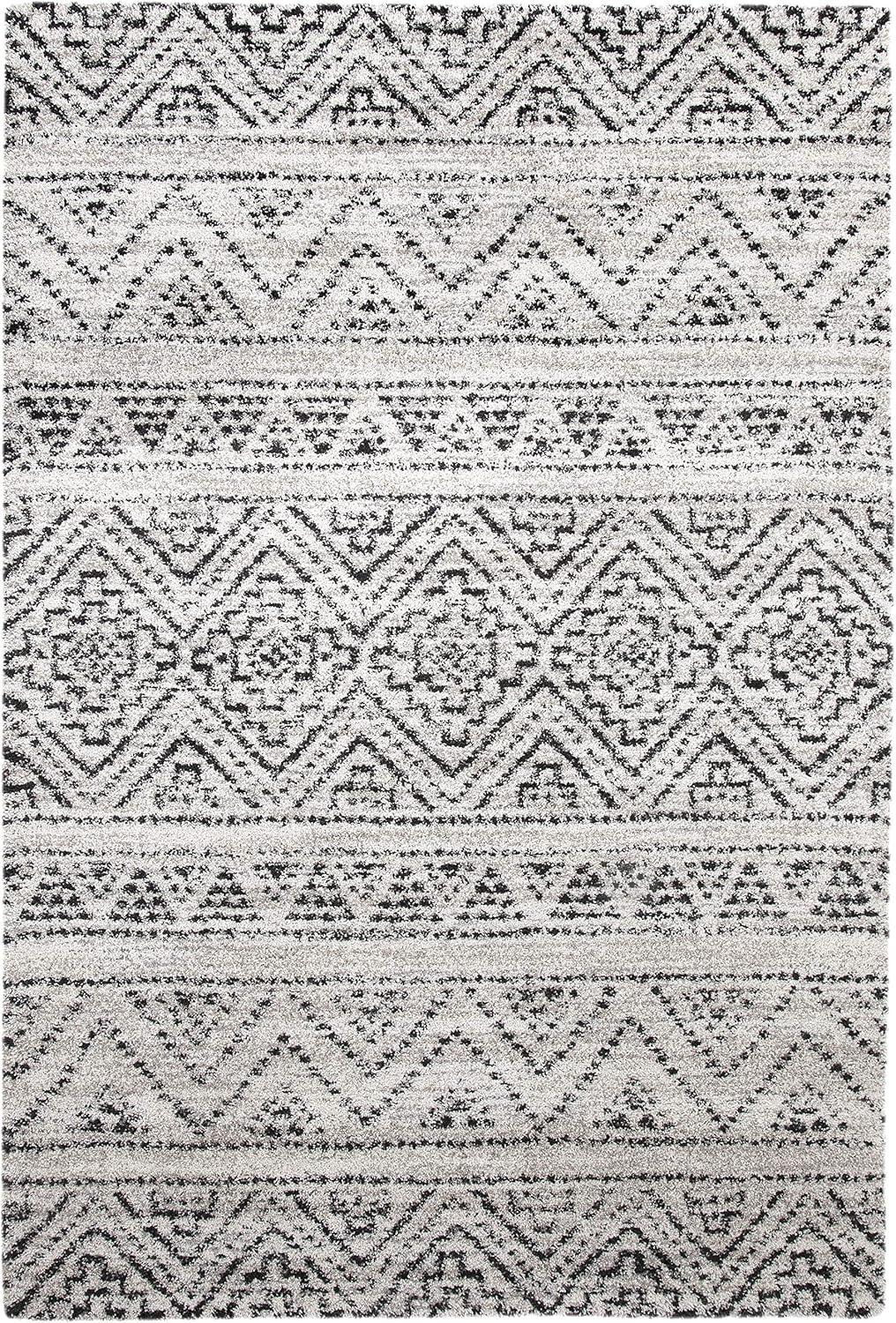 Ivory and Black Geometric Wool Chenille 8' x 10' Area Rug