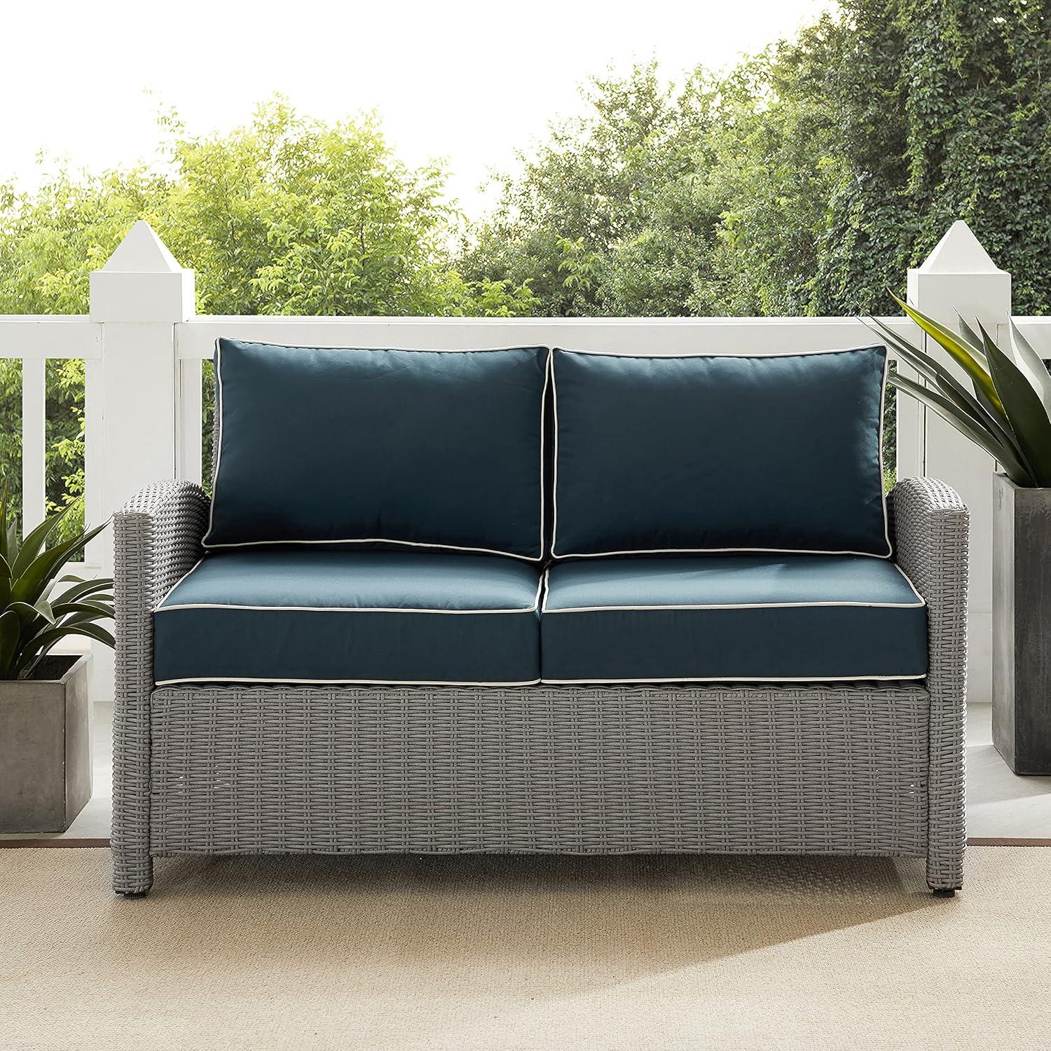 Navy and Gray Wicker Outdoor Loveseat with Steel Frame