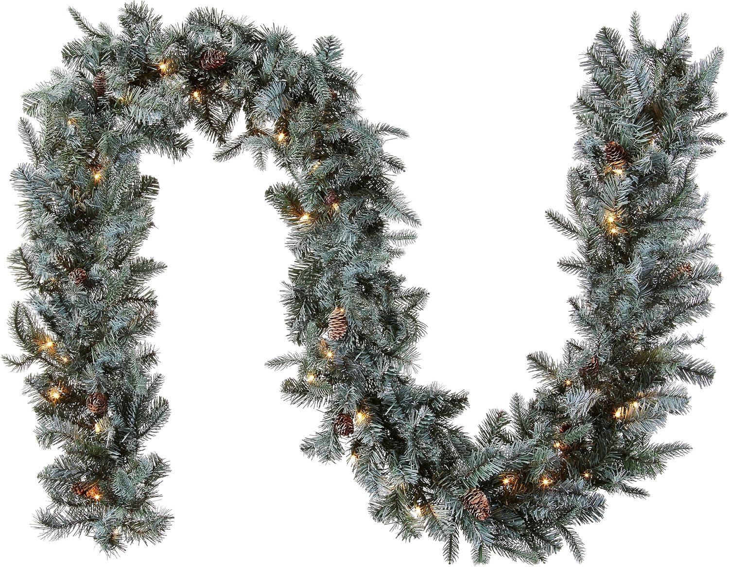 9-Foot Frosted Pine Garland with Clear Lights and Pine Cones