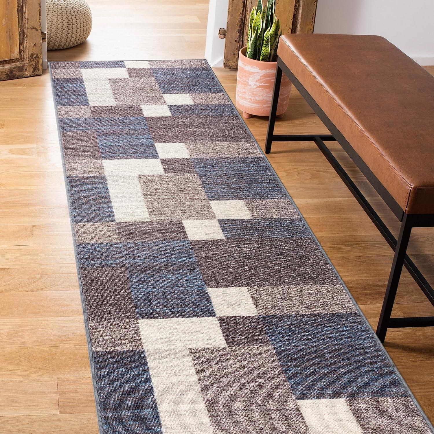 World Rug Gallery Modern Boxes Design Non-slip (Non-skid) Blue 22" x 84" Indoor Runner Rug:  Low Pile Area Rug