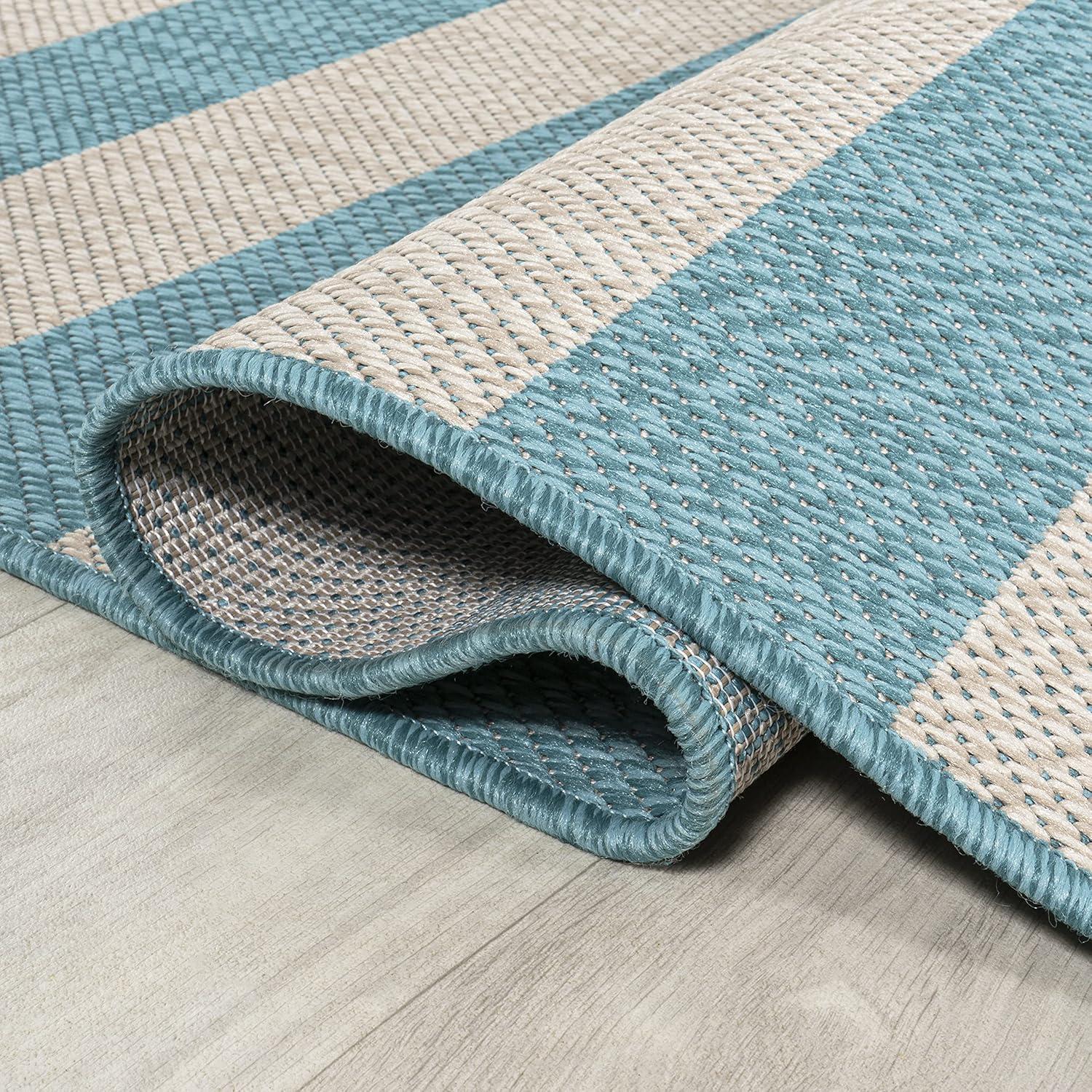 3' x 5' Negril Two-Tone Wide Stripe Indoor/Outdoor Area Rug, Aqua/Cream - JONATHAN Y