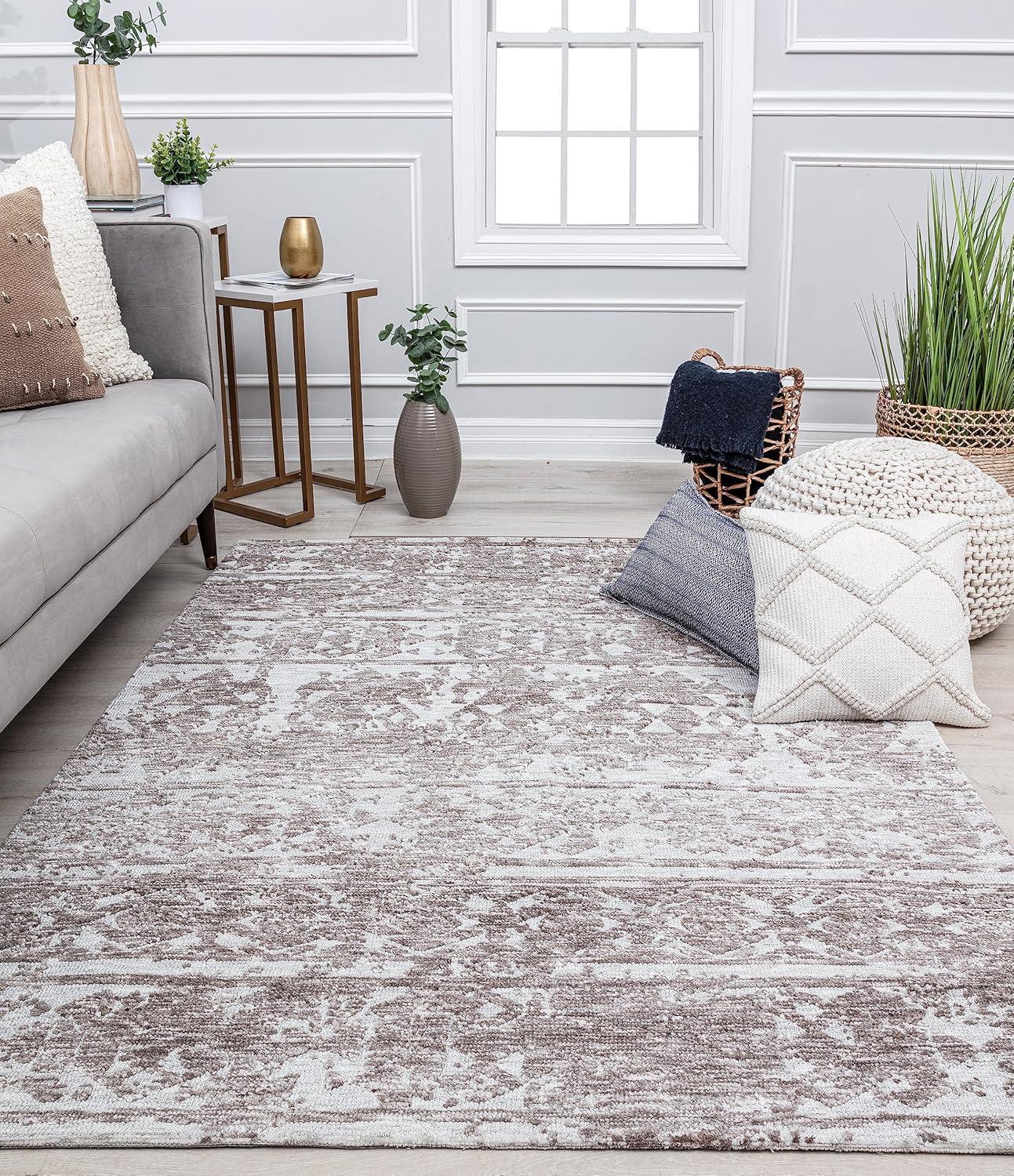 Ivory and Brown Geometric Distressed Vintage Area Rug